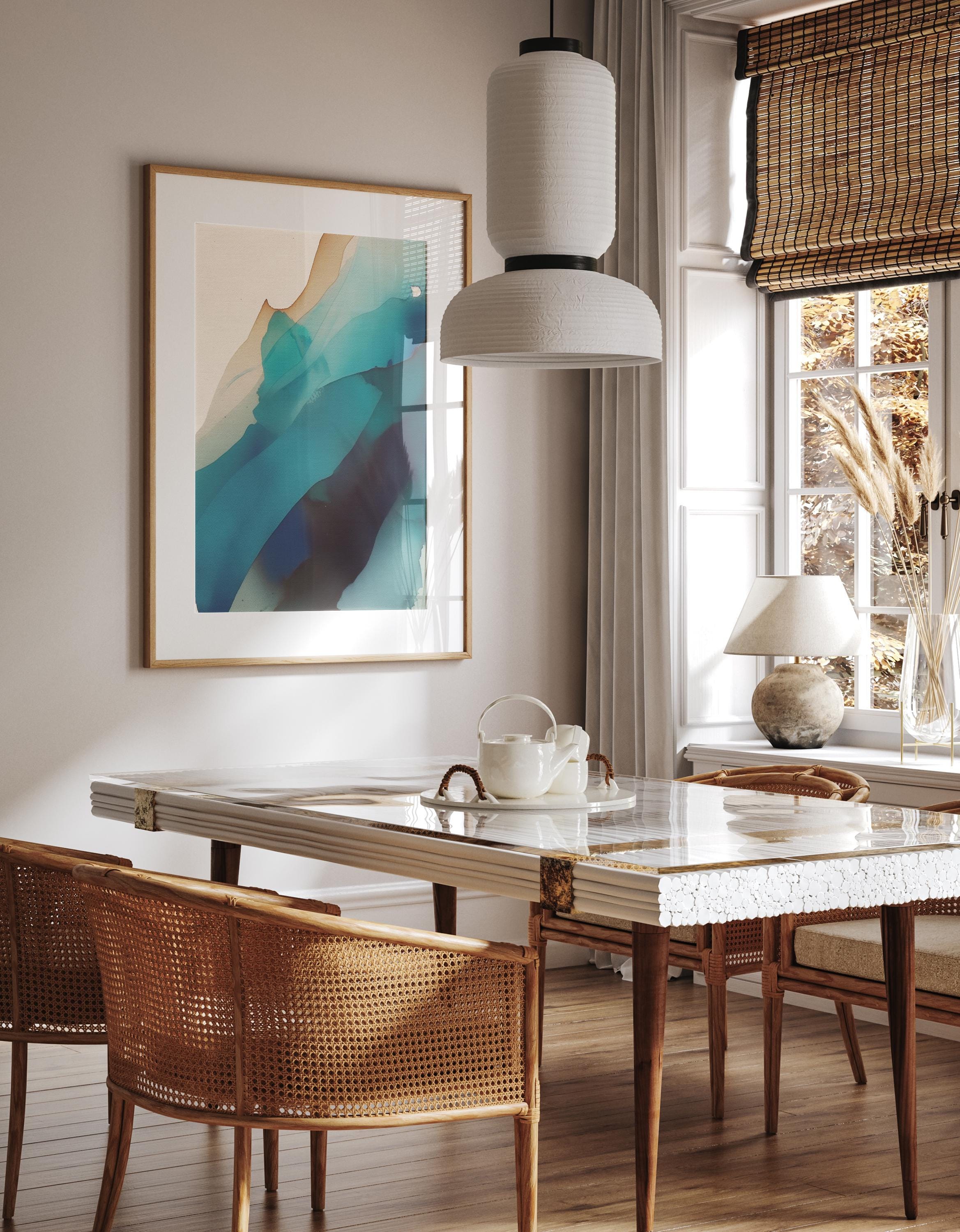 Vertical giclée art print featuring fluid abstract layers of teal, ocean blue, and warm sand hues, blending with the softness of ink on neutral-toned paper. Ideal for modern coastal interiors, spa-inspired rooms, or soft contemporary homes, this fine art poster offers a serene and designer-curated look. Printed on museum-quality archival paper, available unframed or with canvas upgrade options from Muse Studio.