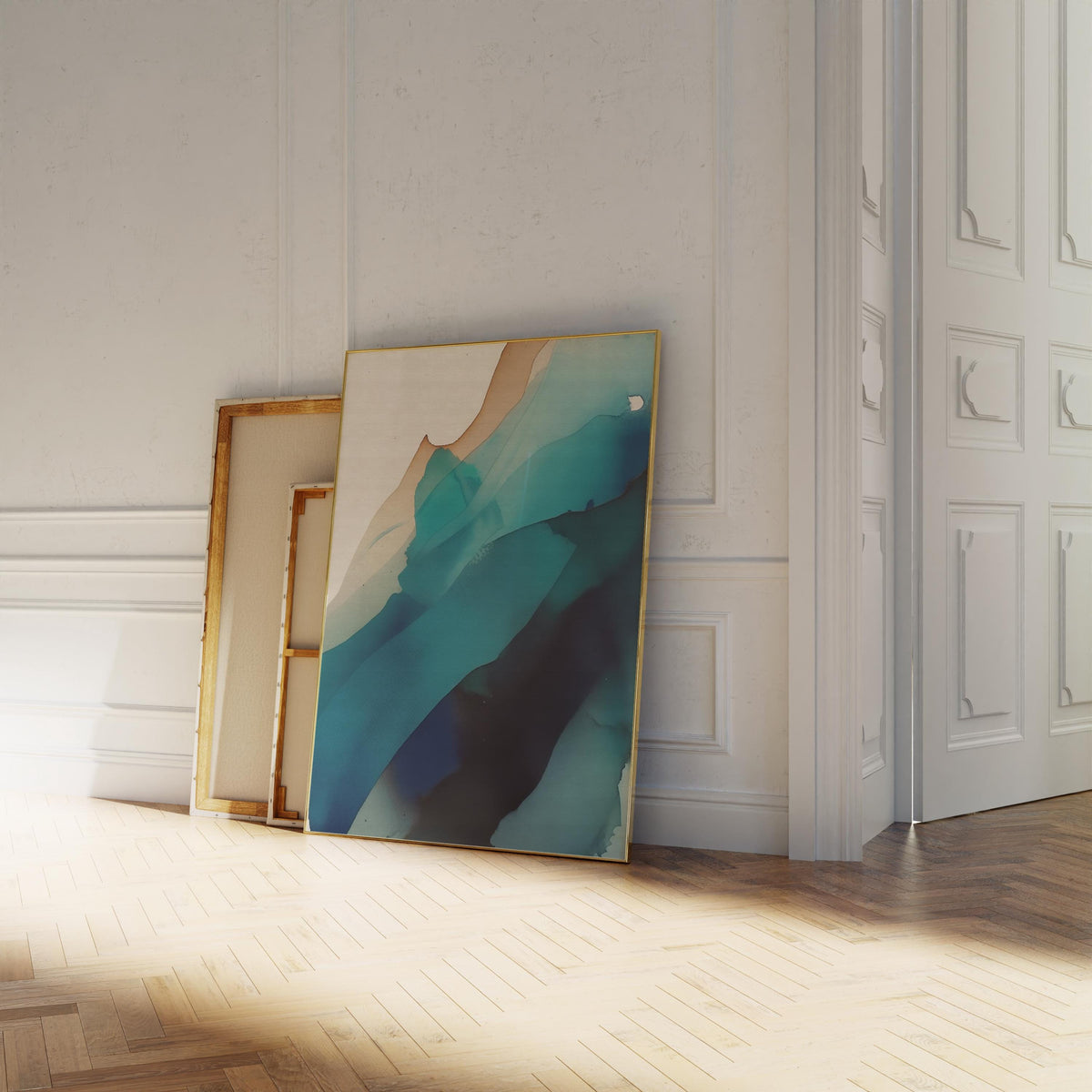 Vertical giclée art print featuring fluid abstract layers of teal, ocean blue, and warm sand hues, blending with the softness of ink on neutral-toned paper. Ideal for modern coastal interiors, spa-inspired rooms, or soft contemporary homes, this fine art poster offers a serene and designer-curated look. Printed on museum-quality archival paper, available unframed or with canvas upgrade options from Muse Studio.