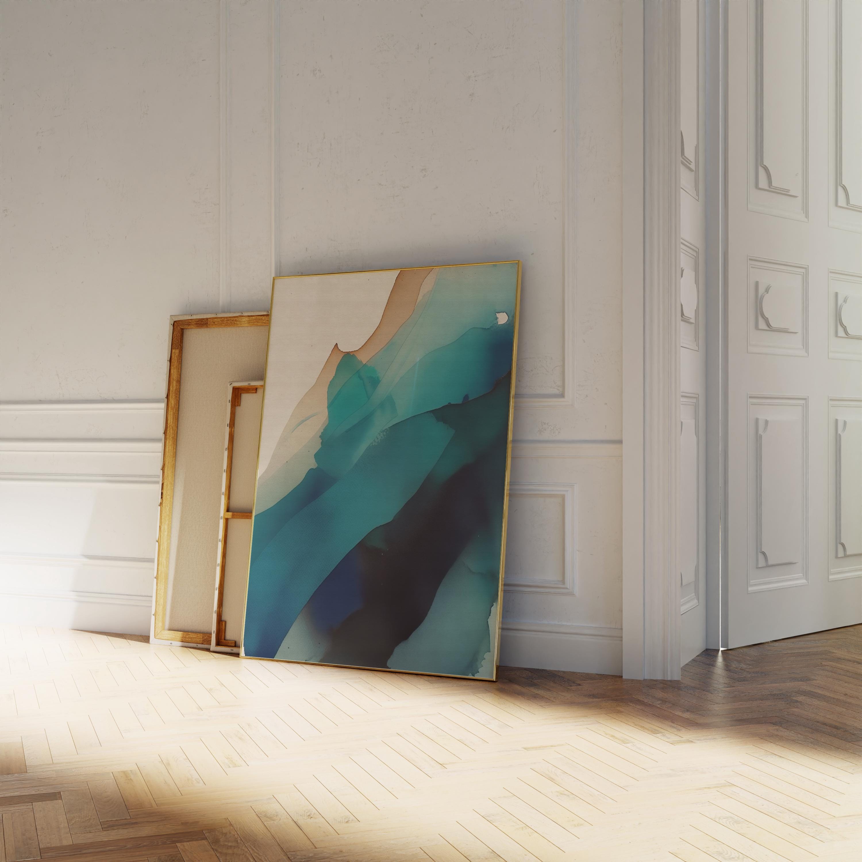 Vertical giclée art print featuring fluid abstract layers of teal, ocean blue, and warm sand hues, blending with the softness of ink on neutral-toned paper. Ideal for modern coastal interiors, spa-inspired rooms, or soft contemporary homes, this fine art poster offers a serene and designer-curated look. Printed on museum-quality archival paper, available unframed or with canvas upgrade options from Muse Studio.