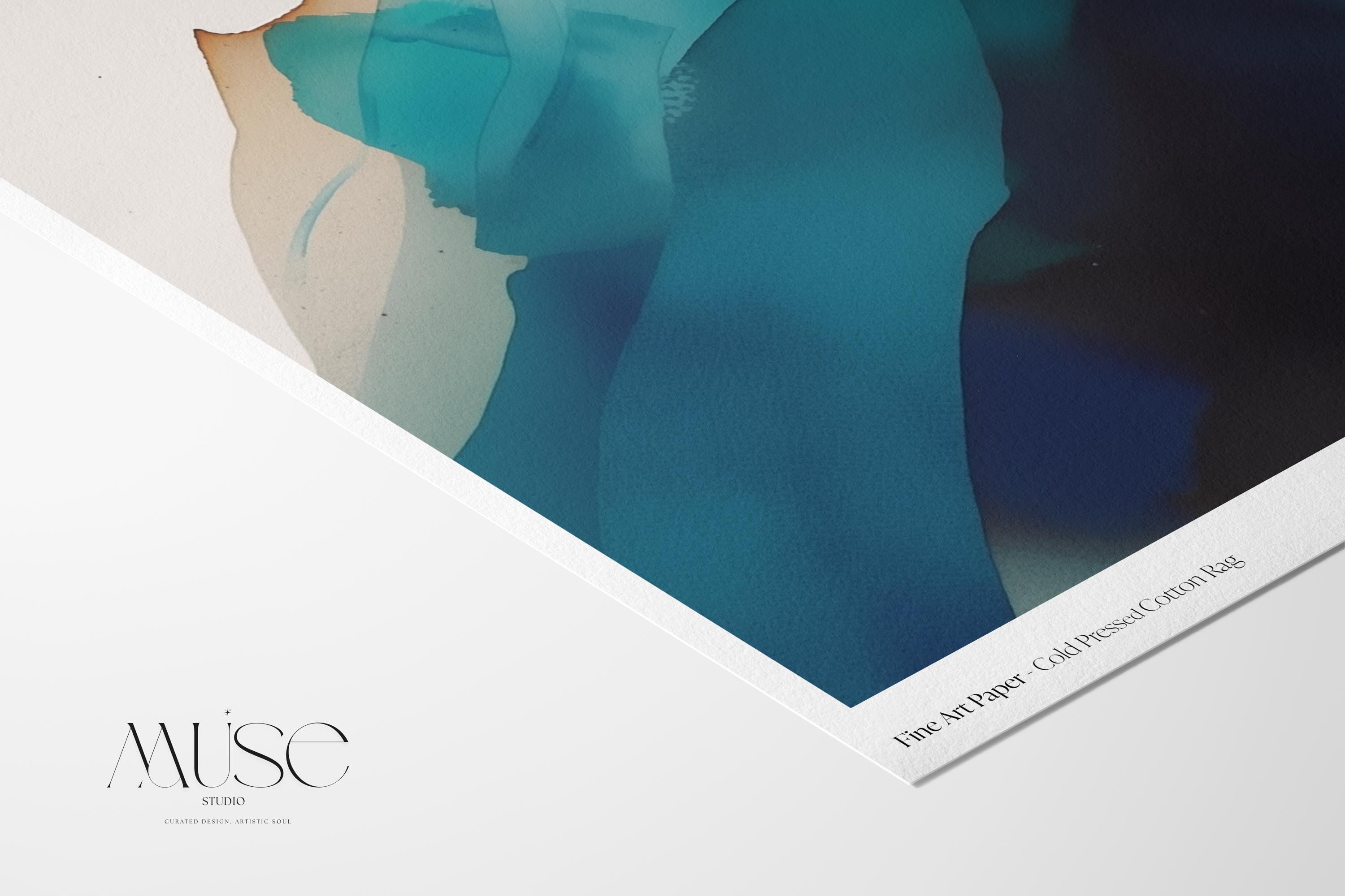 Vertical giclée art print featuring fluid abstract layers of teal, ocean blue, and warm sand hues, blending with the softness of ink on neutral-toned paper. Ideal for modern coastal interiors, spa-inspired rooms, or soft contemporary homes, this fine art poster offers a serene and designer-curated look. Printed on museum-quality archival paper, available unframed or with canvas upgrade options from Muse Studio.