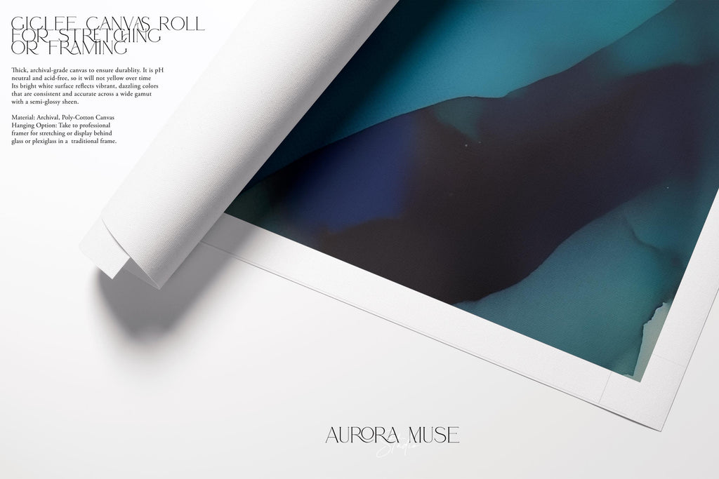 Vertical giclée art print featuring fluid abstract layers of teal, ocean blue, and warm sand hues, blending with the softness of ink on neutral-toned paper. Ideal for modern coastal interiors, spa-inspired rooms, or soft contemporary homes, this fine art poster offers a serene and designer-curated look. Printed on museum-quality archival paper, available unframed or with canvas upgrade options from Muse Studio.