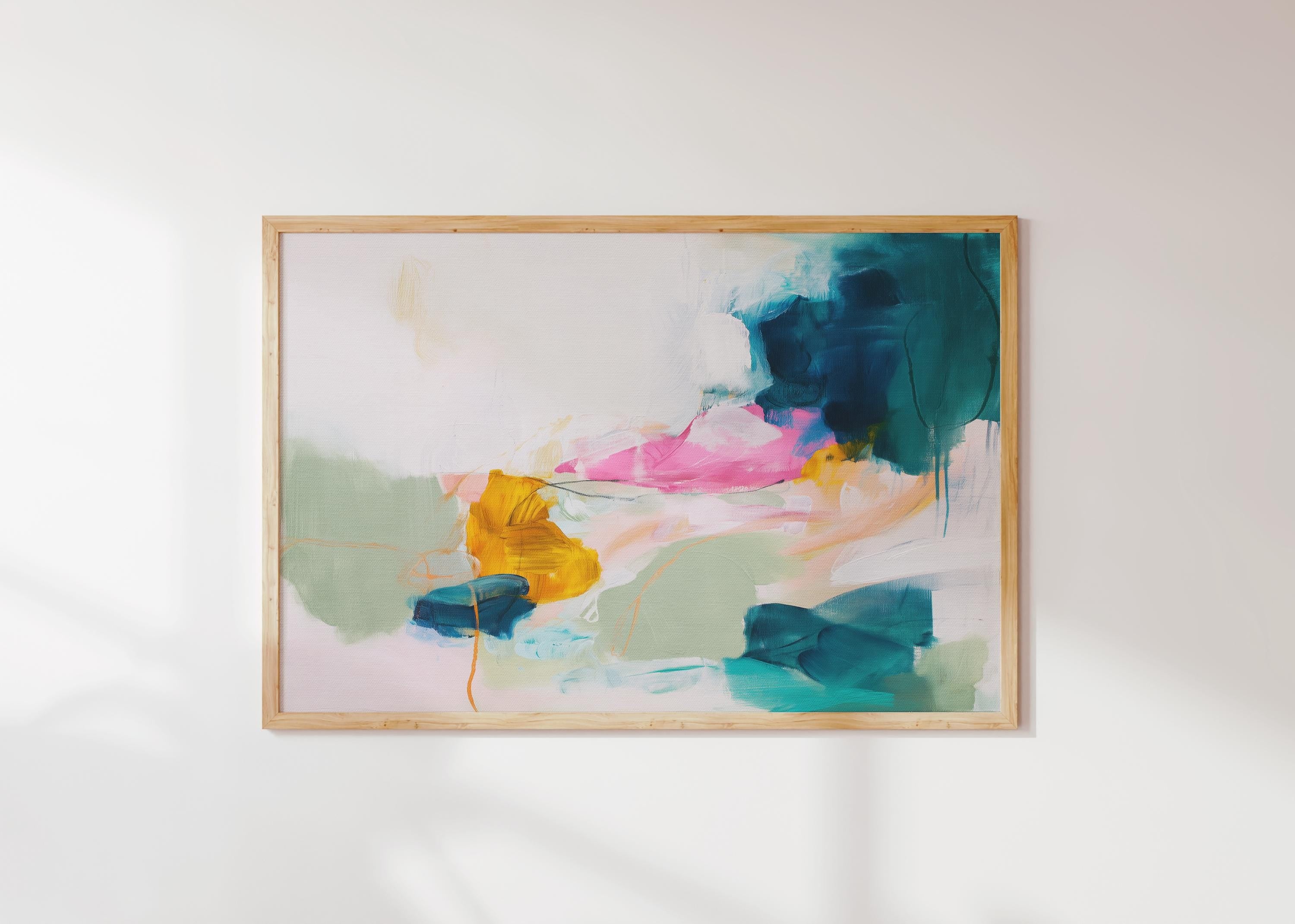 Horizontal abstract art print in vibrant pink, teal, yellow, and soft green with dynamic painterly brushwork and expressive layering. Styled for eclectic, colorful interiors or playful gallery walls, this giclée poster print adds joyful movement and bold personality to bedrooms, creative spaces, or modern living areas. Printed on archival fine art paper and available as a rolled poster or upgraded to canvas from Muse Studio.
