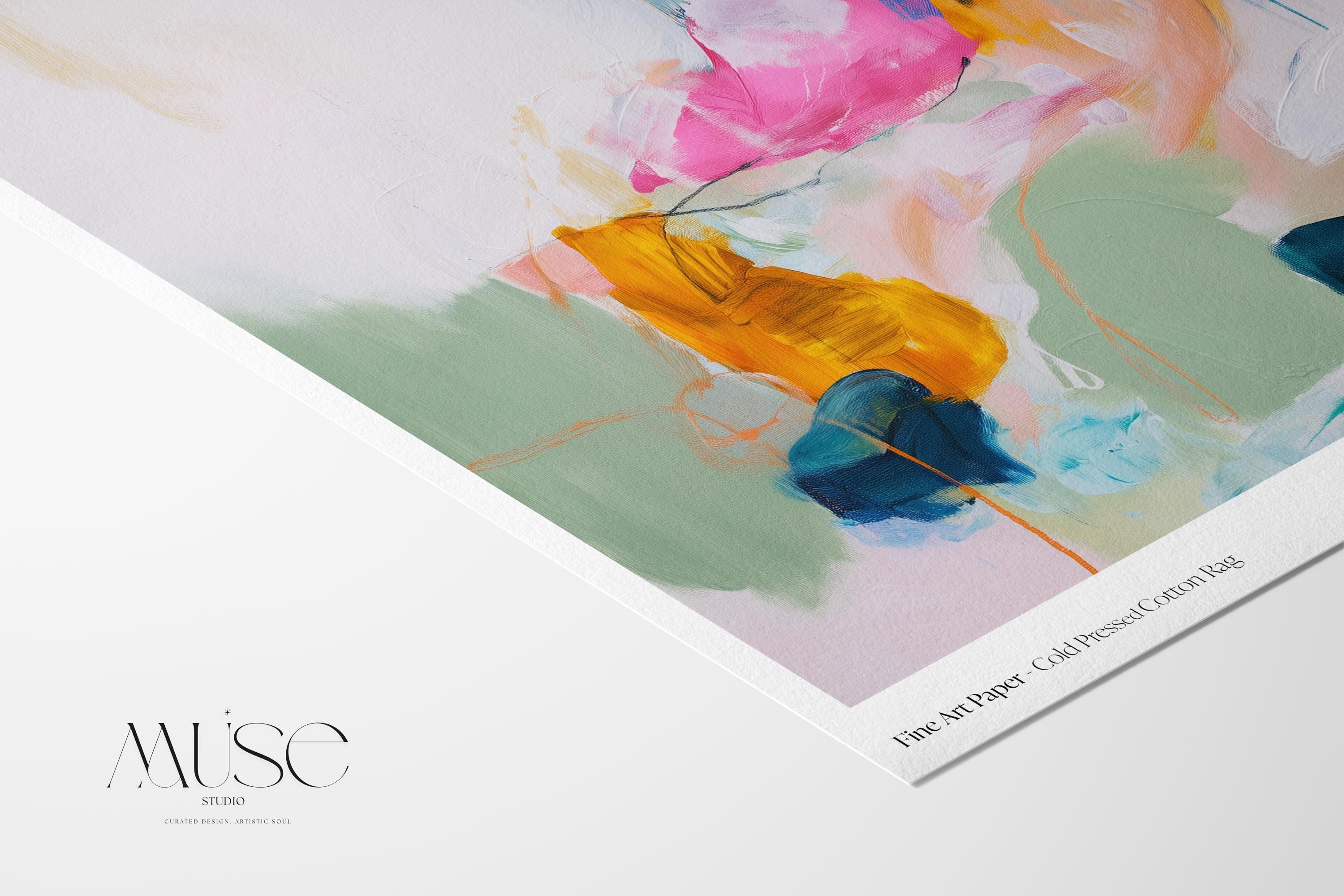 Horizontal abstract art print in vibrant pink, teal, yellow, and soft green with dynamic painterly brushwork and expressive layering. Styled for eclectic, colorful interiors or playful gallery walls, this giclée poster print adds joyful movement and bold personality to bedrooms, creative spaces, or modern living areas. Printed on archival fine art paper and available as a rolled poster or upgraded to canvas from Muse Studio.