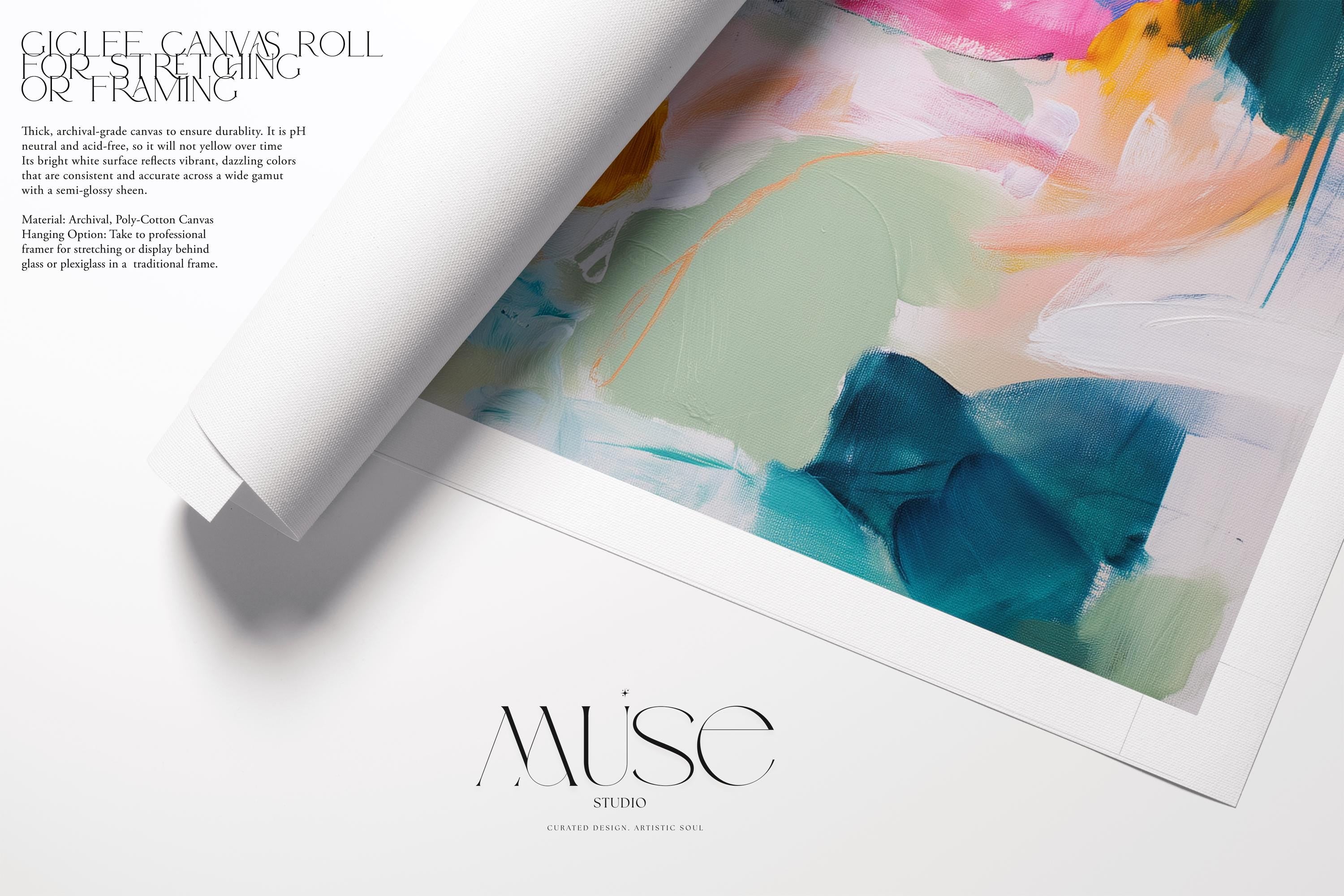 Horizontal abstract artwork in bold pink, teal, yellow, and soft sage tones, layered with expressive brushwork and fluid motion. A playful yet sophisticated giclée design for colorful modern interiors, perfect for eclectic living rooms, children’s spaces, or creative studios. Available as a fine art poster print on archival paper or gallery-wrapped canvas wall art from Muse Studio.