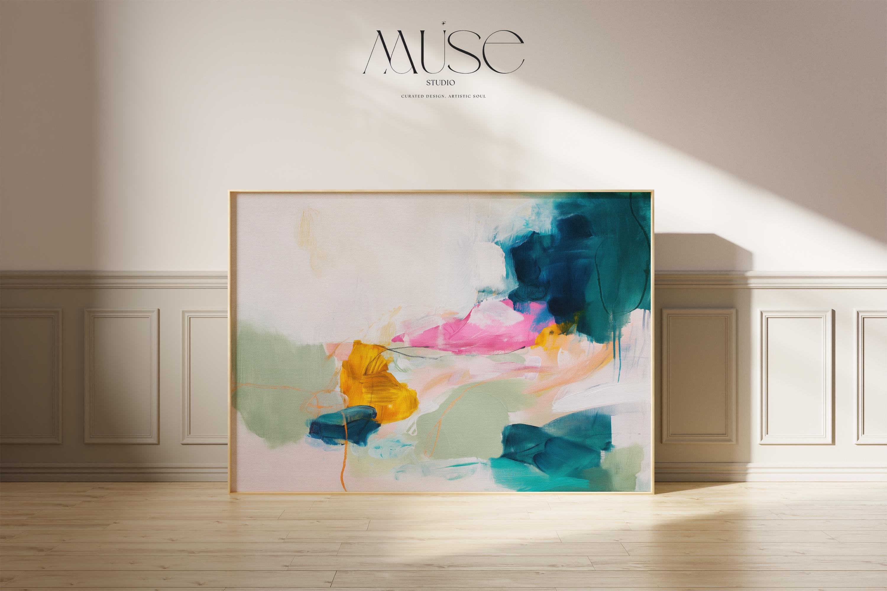 Horizontal abstract artwork in bold pink, teal, yellow, and soft sage tones, layered with expressive brushwork and fluid motion. A playful yet sophisticated giclée design for colorful modern interiors, perfect for eclectic living rooms, children’s spaces, or creative studios. Available as a fine art poster print on archival paper or gallery-wrapped canvas wall art from Muse Studio.