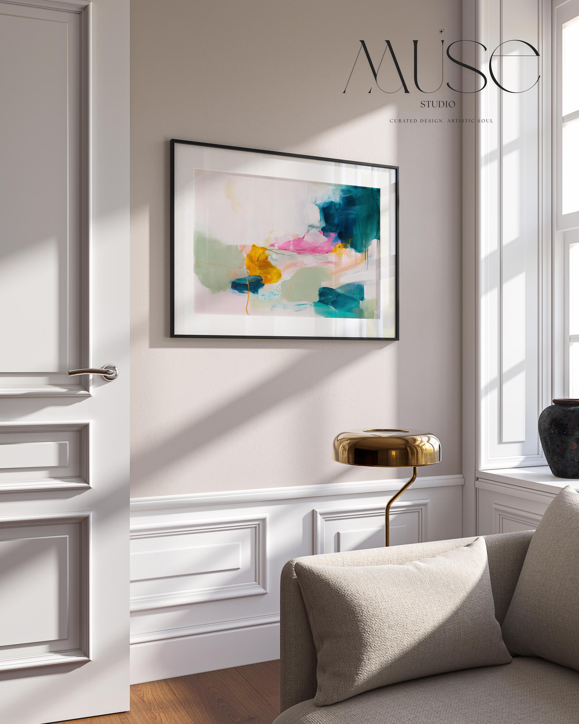 Horizontal abstract artwork in bold pink, teal, yellow, and soft sage tones, layered with expressive brushwork and fluid motion. A playful yet sophisticated giclée design for colorful modern interiors, perfect for eclectic living rooms, children’s spaces, or creative studios. Available as a fine art poster print on archival paper or gallery-wrapped canvas wall art from Muse Studio.