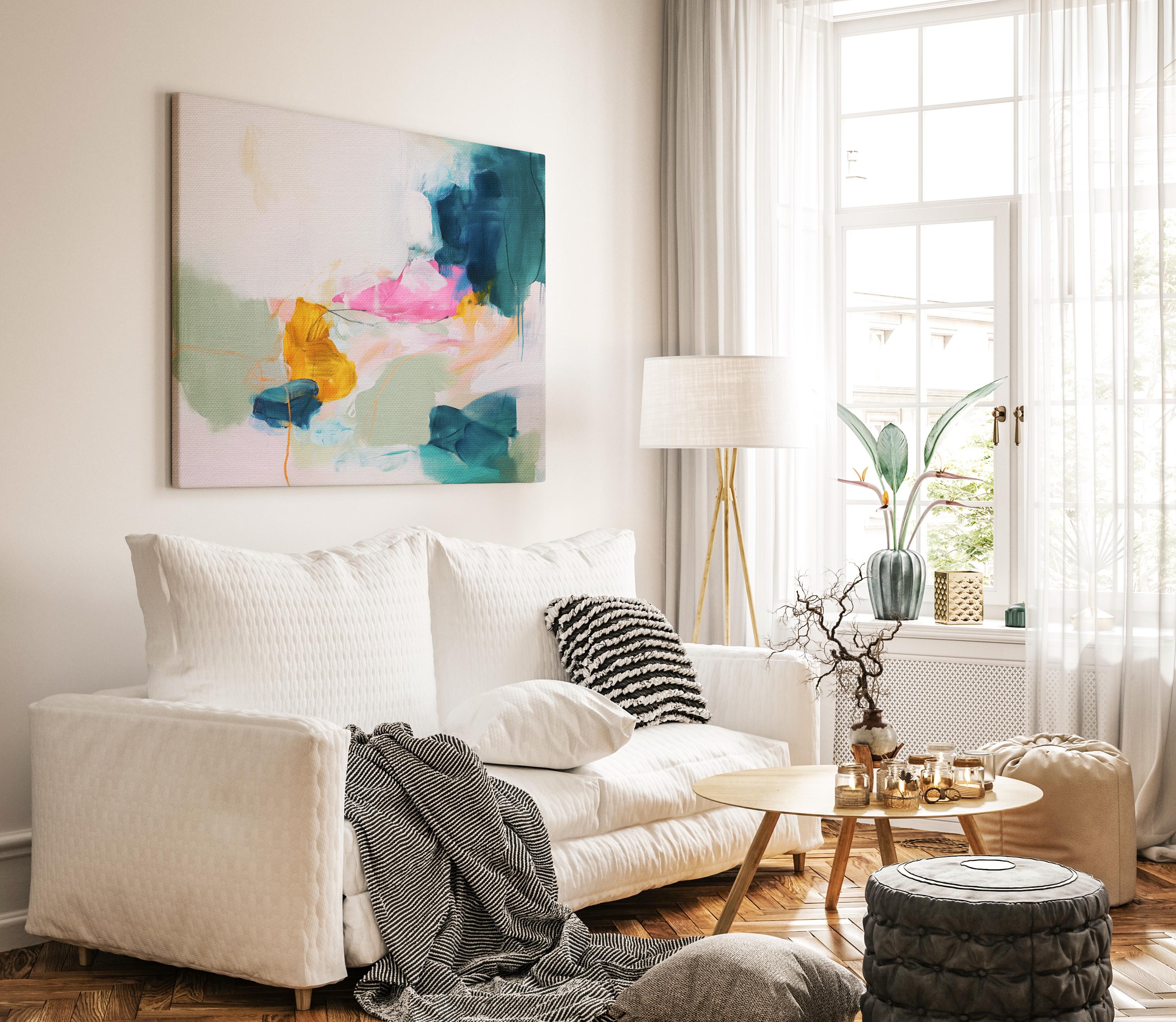Horizontal abstract artwork in bold pink, teal, yellow, and soft sage tones, layered with expressive brushwork and fluid motion. A playful yet sophisticated giclée design for colorful modern interiors, perfect for eclectic living rooms, children’s spaces, or creative studios. Available as a fine art poster print on archival paper or gallery-wrapped canvas wall art from Muse Studio.