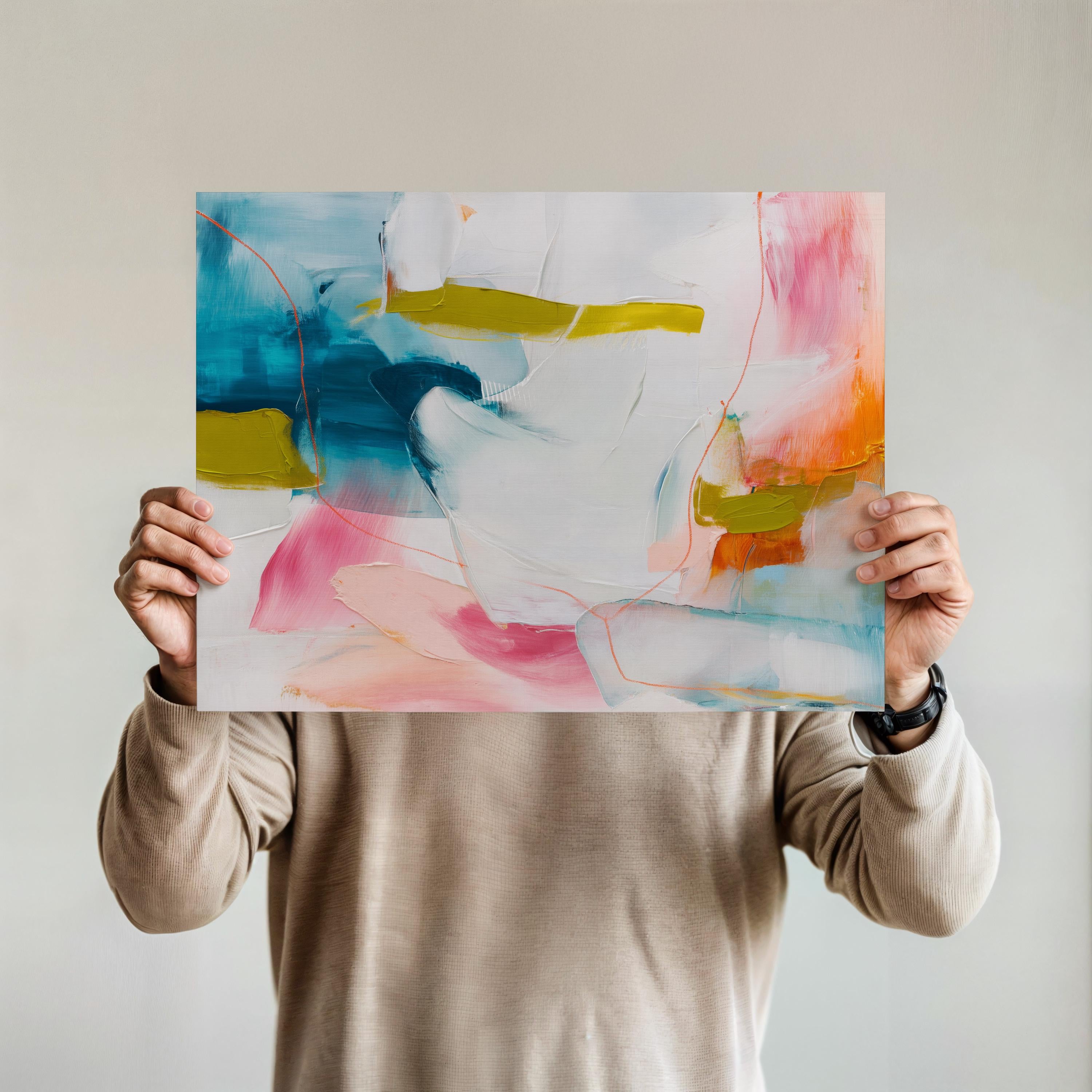 Horizontal abstract art print in bold teal, pink, mustard yellow, and coral orange with painterly texture and expressive brushwork. Designed for colorful, modern interiors, this color pop giclée print adds energy and curated style to living rooms, creative offices, or gallery walls. Available as an archival fine art poster or canvas from Muse Studio.