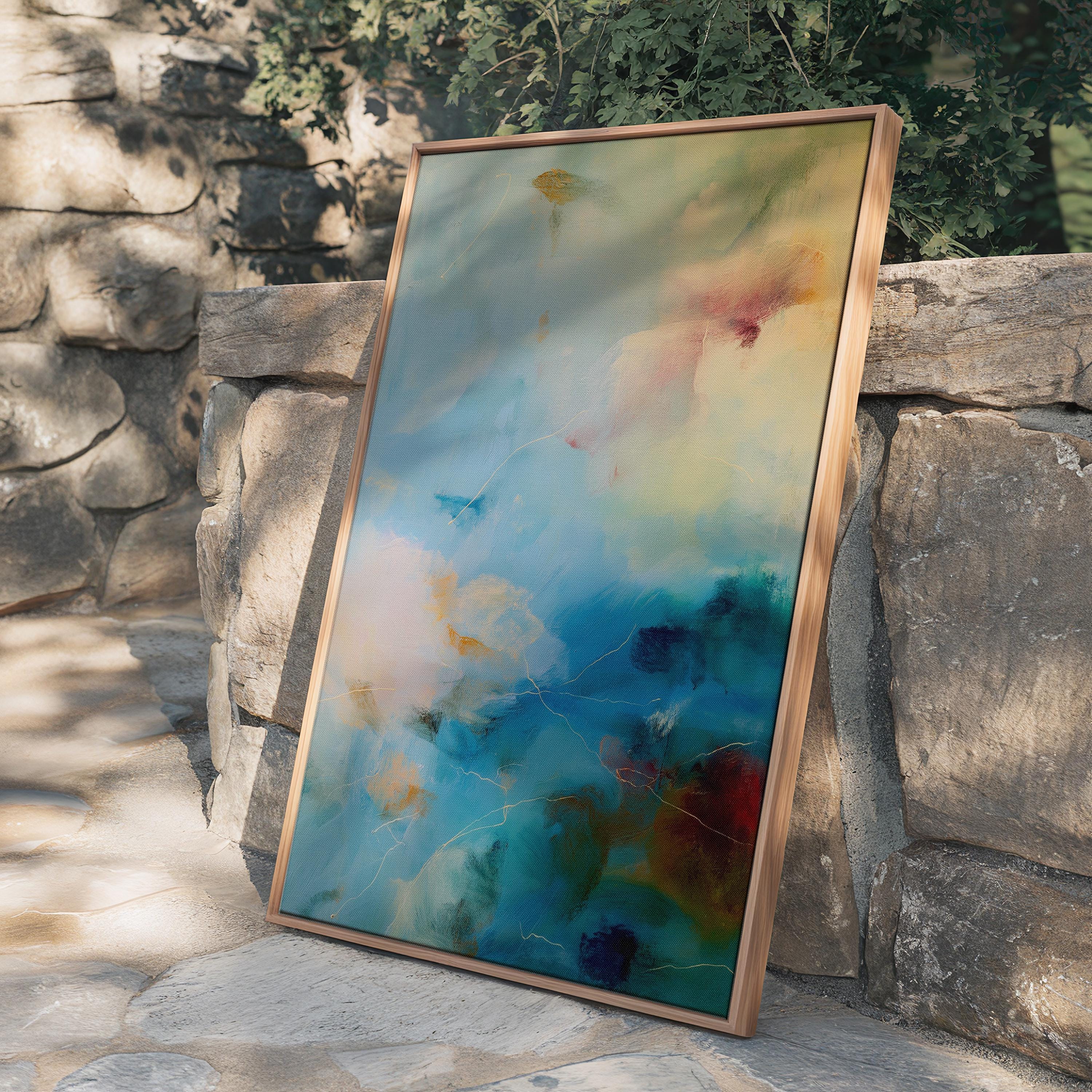 Vertical teal blue abstract canvas wall art by Muse Studio, artwork 549. Serene coastal-inspired painting in teal, soft blue, and warm neutral tones printed with museum-grade giclée inks on premium gallery-wrapped artist canvas, styled for spa bathrooms, calm entryways, and modern coastal interiors.