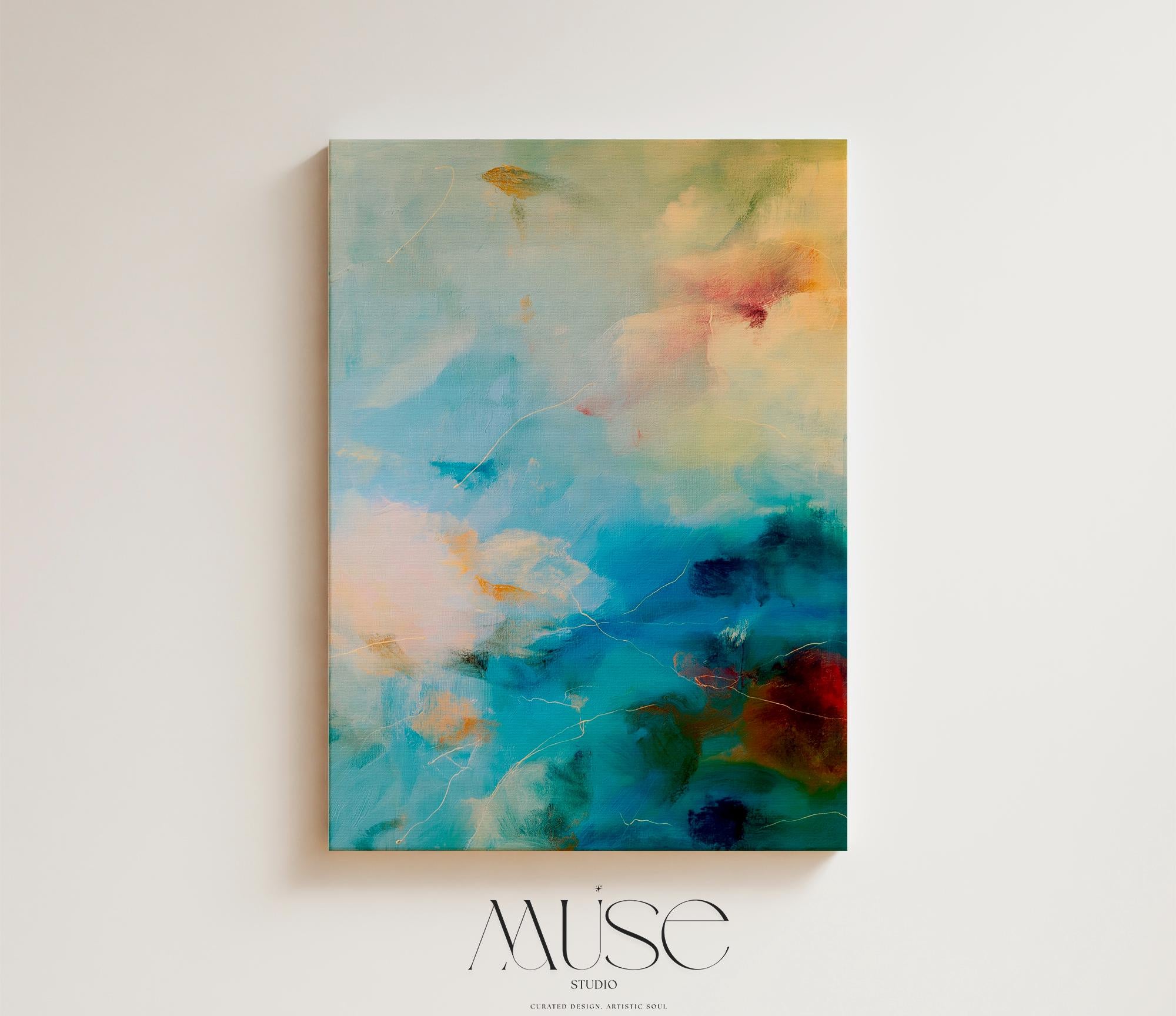 Vertical teal blue and cream abstract wall art with soft, nature-inspired movement. This large canvas design evokes a coastal calm ideal for spa interiors, serene entryways, or modern organic spaces. Available as gallery-wrapped or framed wall art by Muse Studio.