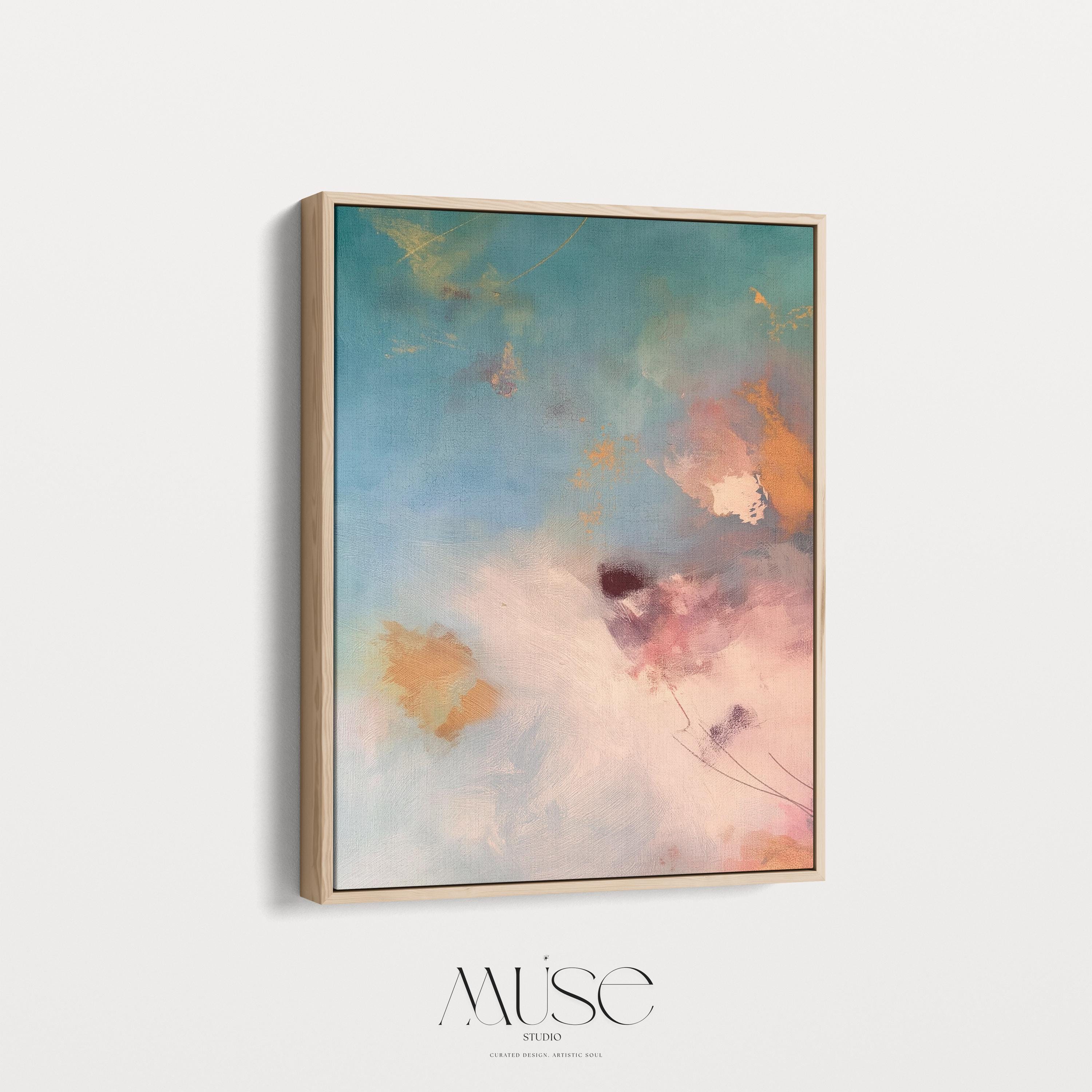 Vertical canvas wall art in soft pastels featuring abstract brushwork in peach pink, sky blue, honey gold, and blush. This gentle and calming piece evokes a sunrise or soft floral bloom, perfect for spa-style bathrooms, feminine bedrooms, or serene entryways. Complements soft contemporary and warm minimalist interiors. Available as a gallery-wrapped stretched canvas, framed canvas, or giclée fine art print. Original artwork by Muse Studio.