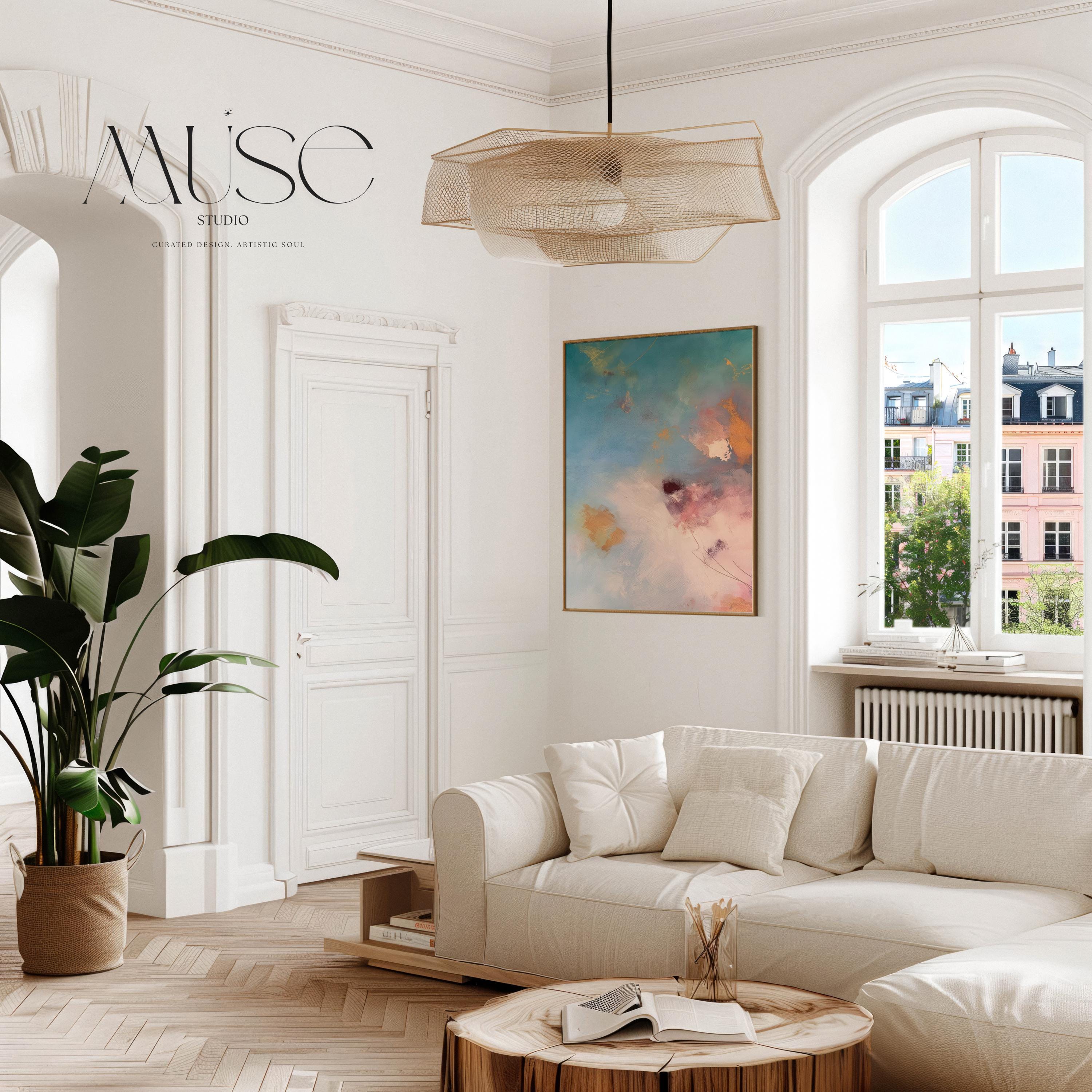 Vertical canvas wall art in soft pastels featuring abstract brushwork in peach pink, sky blue, honey gold, and blush. This gentle and calming piece evokes a sunrise or soft floral bloom, perfect for spa-style bathrooms, feminine bedrooms, or serene entryways. Complements soft contemporary and warm minimalist interiors. Available as a gallery-wrapped stretched canvas, framed canvas, or giclée fine art print. Original artwork by Muse Studio.
