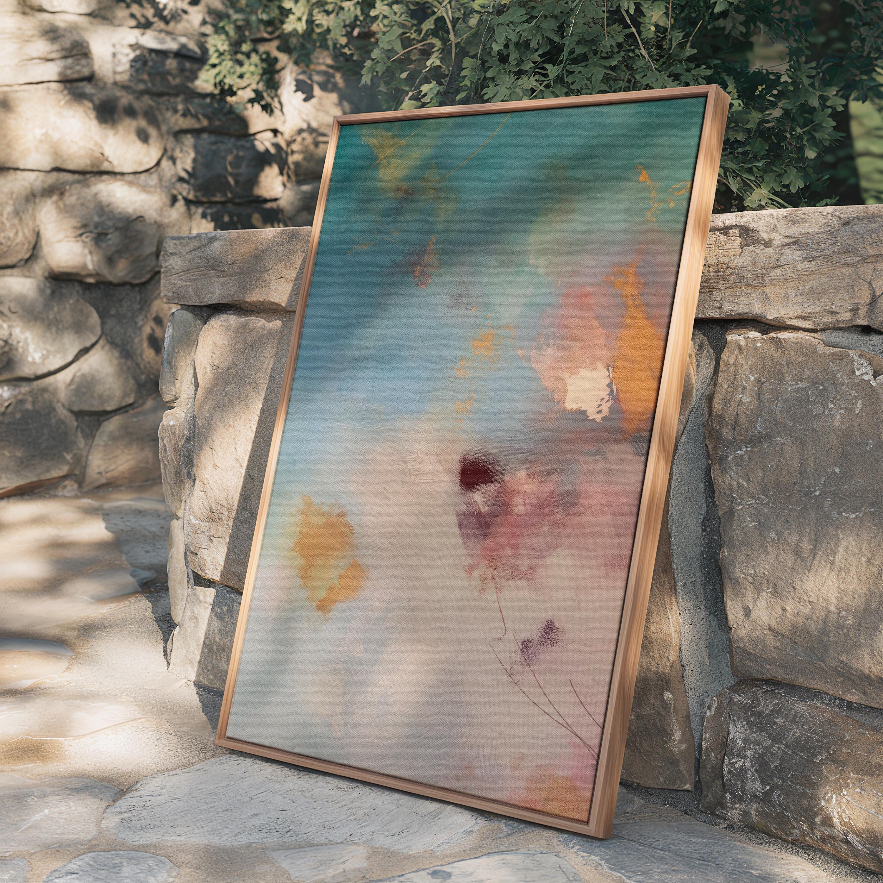 Vertical canvas wall art in soft pastels featuring abstract brushwork in peach pink, sky blue, honey gold, and blush. This gentle and calming piece evokes a sunrise or soft floral bloom, perfect for spa-style bathrooms, feminine bedrooms, or serene entryways. Complements soft contemporary and warm minimalist interiors. Available as a gallery-wrapped stretched canvas, framed canvas, or giclée fine art print. Original artwork by Muse Studio.