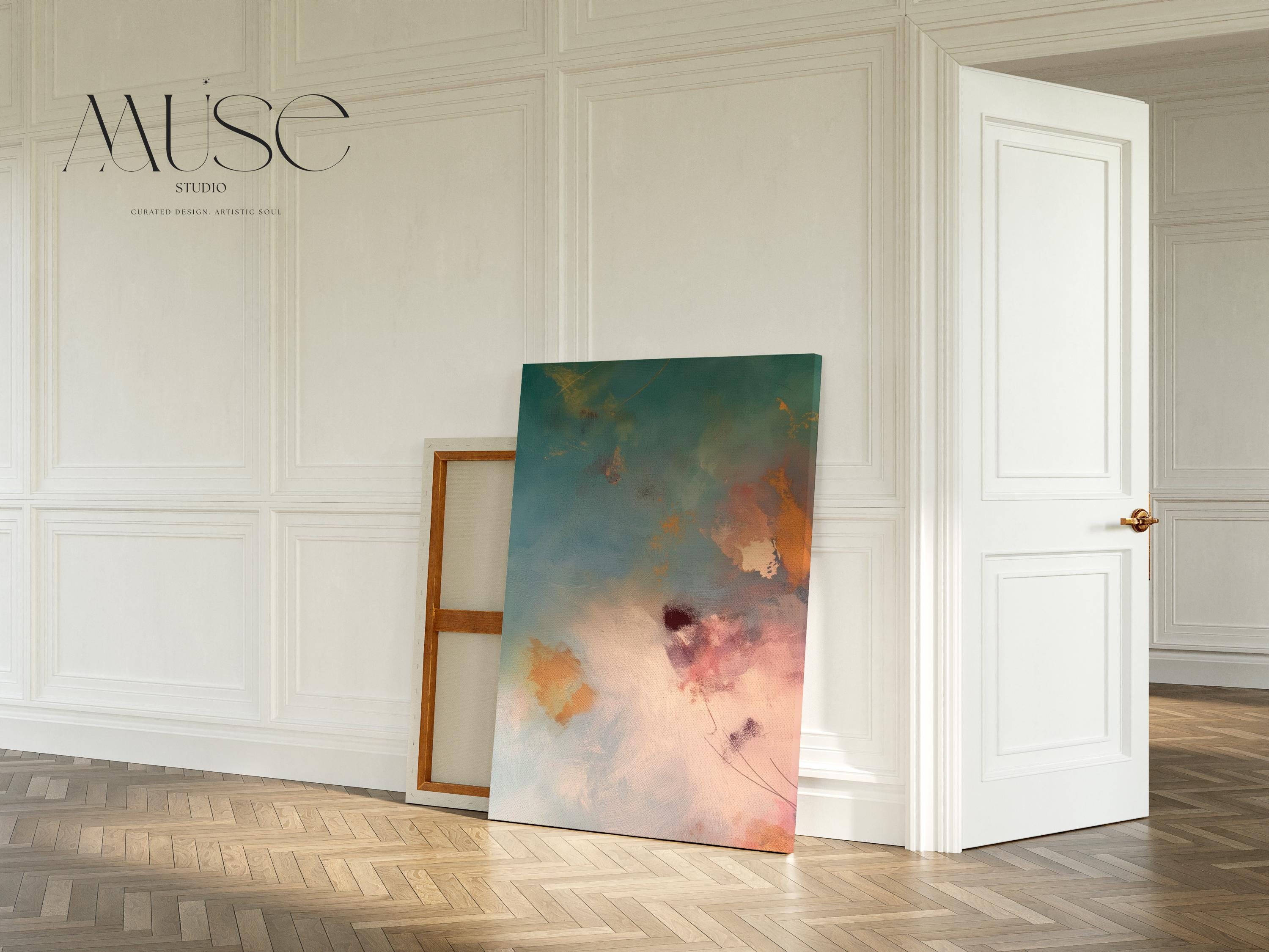 Large vertical canvas wall art featuring abstract brushwork in blush peach, teal, rose pink, and soft amber tones. Designed for serene interiors like bedrooms, spa rooms, and transitional living spaces. This oversized canvas adds elegant softness and calming energy to designer-curated spaces. Available as a gallery-wrapped canvas or premium floating frame. Original wall art by Muse Studio for warm, spa-inspired decor.