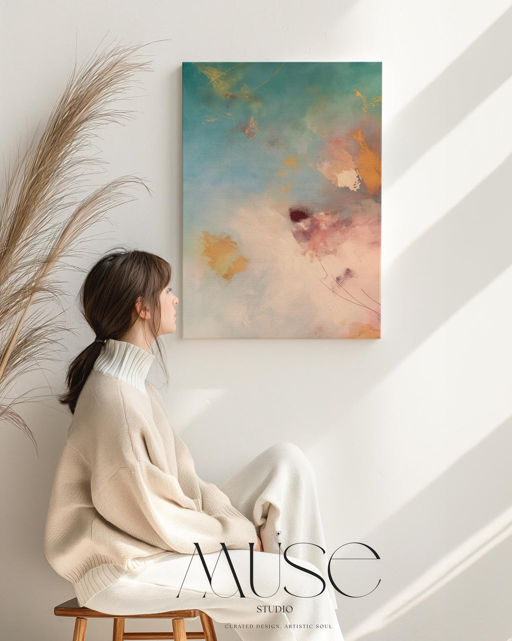 Large vertical canvas wall art featuring abstract brushwork in blush peach, teal, rose pink, and soft amber tones. Designed for serene interiors like bedrooms, spa rooms, and transitional living spaces. This oversized canvas adds elegant softness and calming energy to designer-curated spaces. Available as a gallery-wrapped canvas or premium floating frame. Original wall art by Muse Studio for warm, spa-inspired decor.