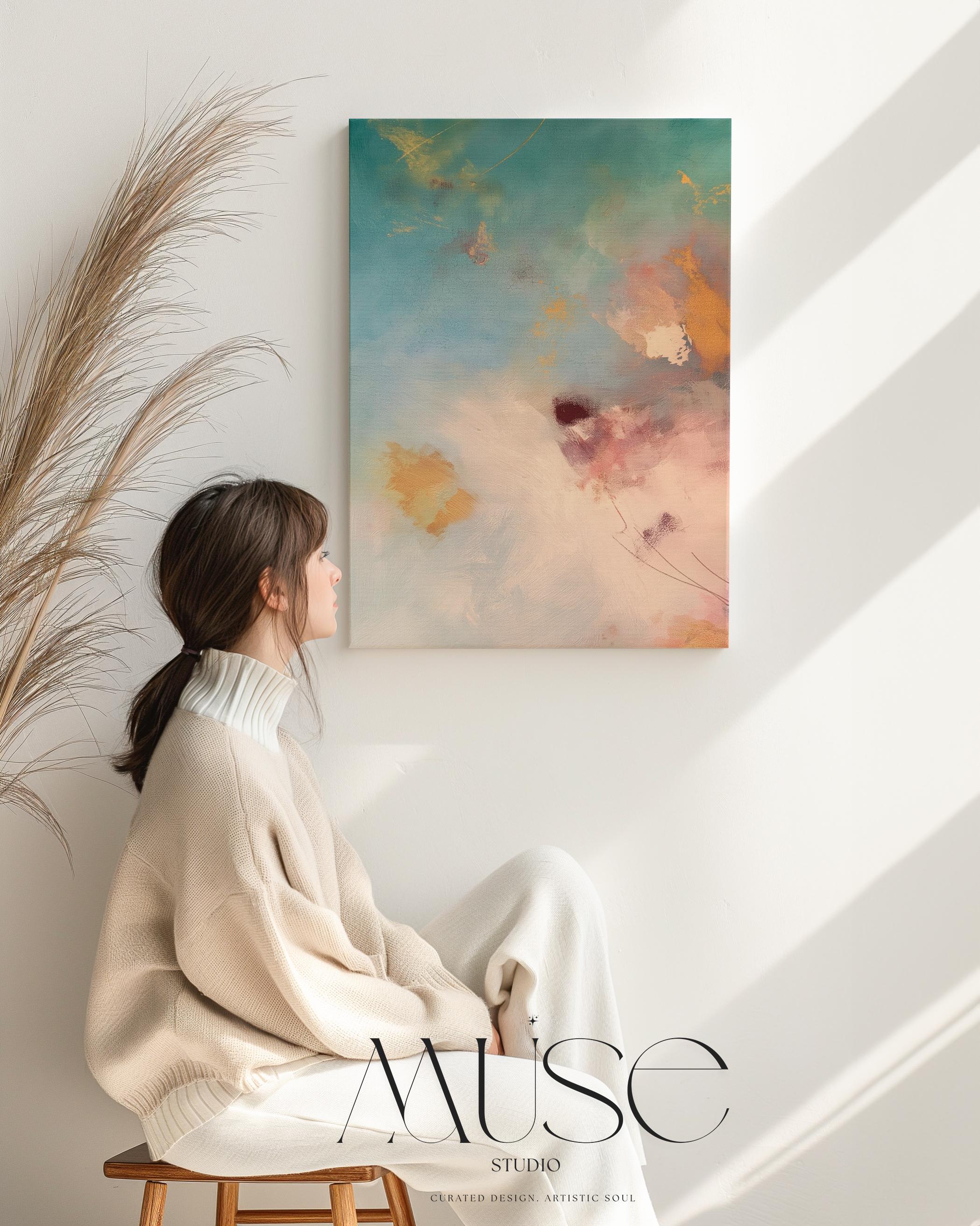 Large vertical canvas wall art featuring abstract brushwork in blush peach, teal, rose pink, and soft amber tones. Designed for serene interiors like bedrooms, spa rooms, and transitional living spaces. This oversized canvas adds elegant softness and calming energy to designer-curated spaces. Available as a gallery-wrapped canvas or premium floating frame. Original wall art by Muse Studio for warm, spa-inspired decor.