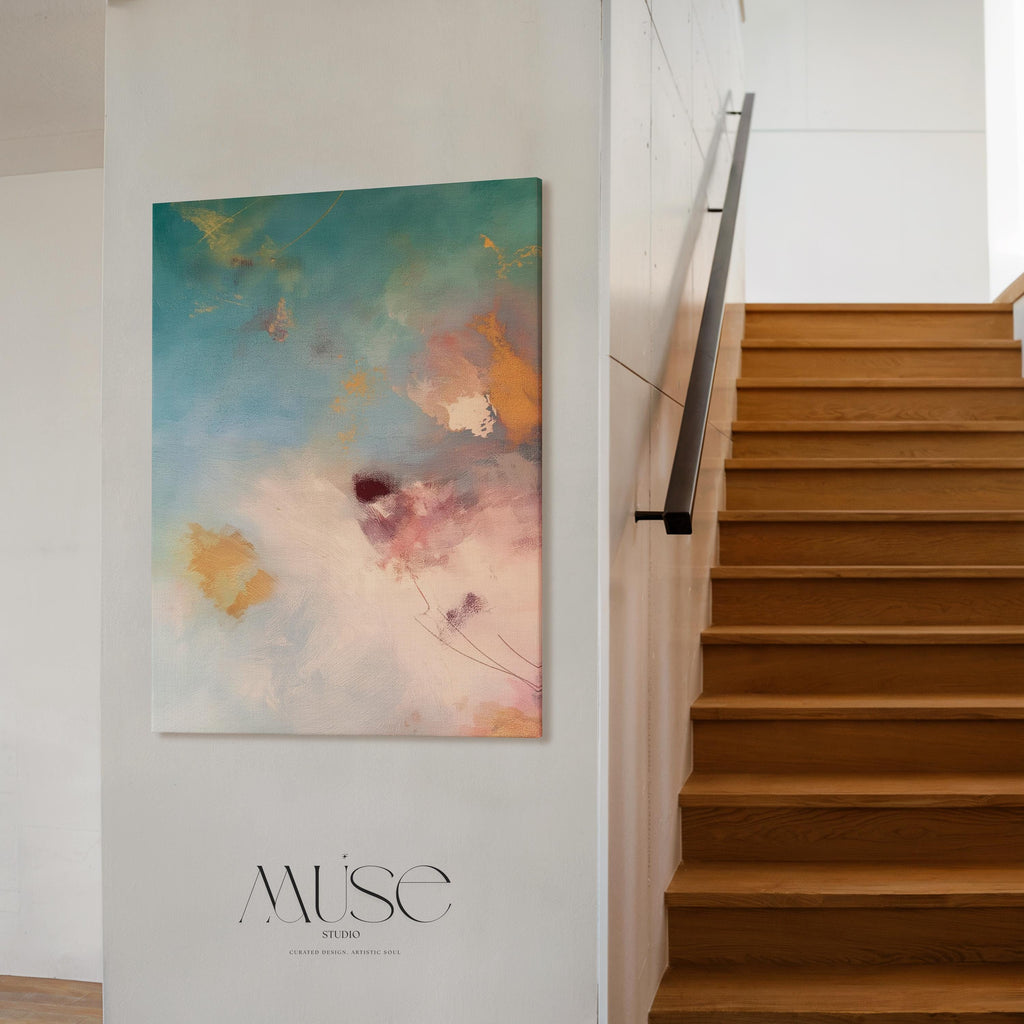 Large vertical canvas wall art featuring abstract brushwork in blush peach, teal, rose pink, and soft amber tones. Designed for serene interiors like bedrooms, spa rooms, and transitional living spaces. This oversized canvas adds elegant softness and calming energy to designer-curated spaces. Available as a gallery-wrapped canvas or premium floating frame. Original wall art by Muse Studio for warm, spa-inspired decor.