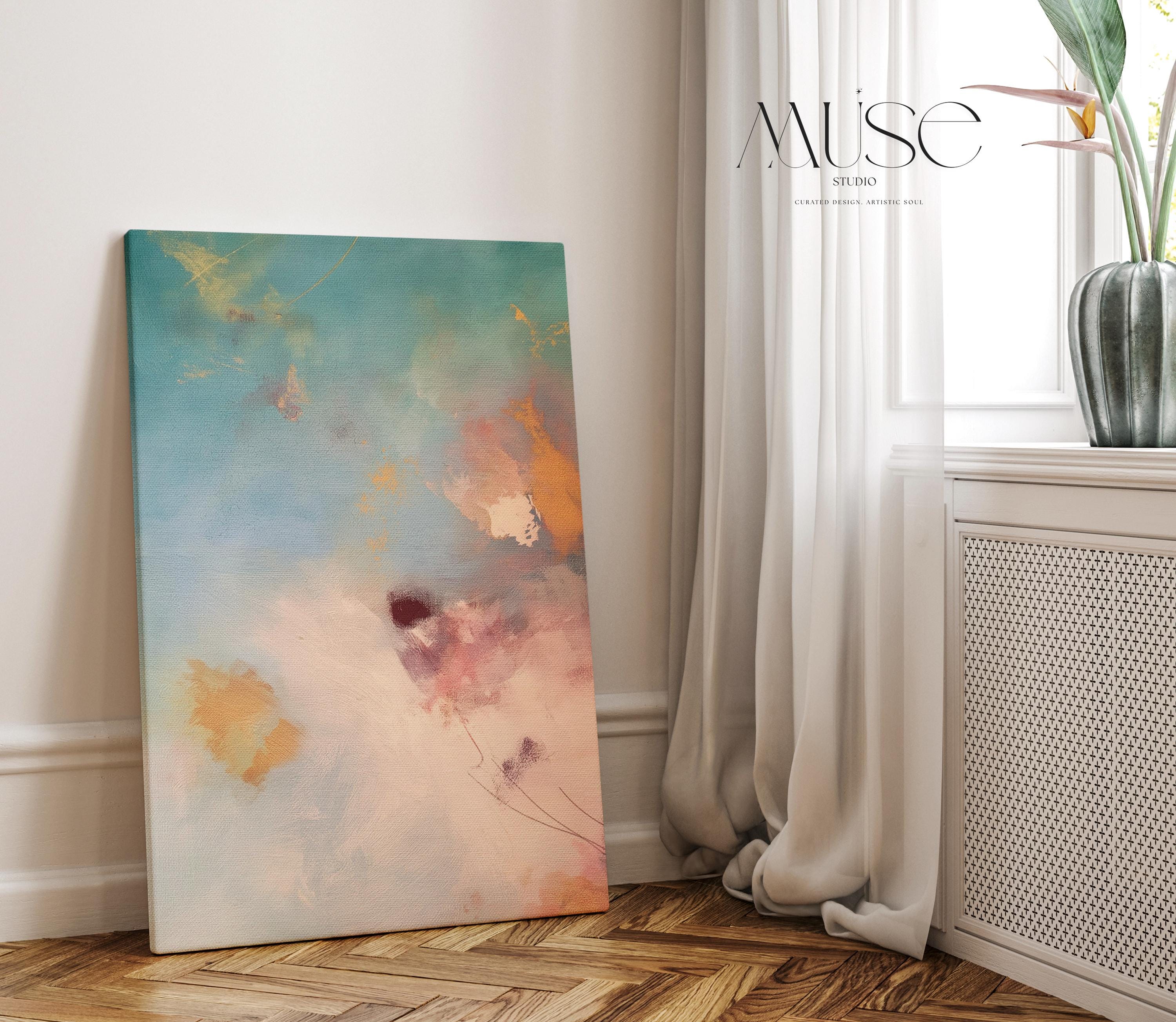 Large vertical canvas wall art featuring abstract brushwork in blush peach, teal, rose pink, and soft amber tones. Designed for serene interiors like bedrooms, spa rooms, and transitional living spaces. This oversized canvas adds elegant softness and calming energy to designer-curated spaces. Available as a gallery-wrapped canvas or premium floating frame. Original wall art by Muse Studio for warm, spa-inspired decor.
