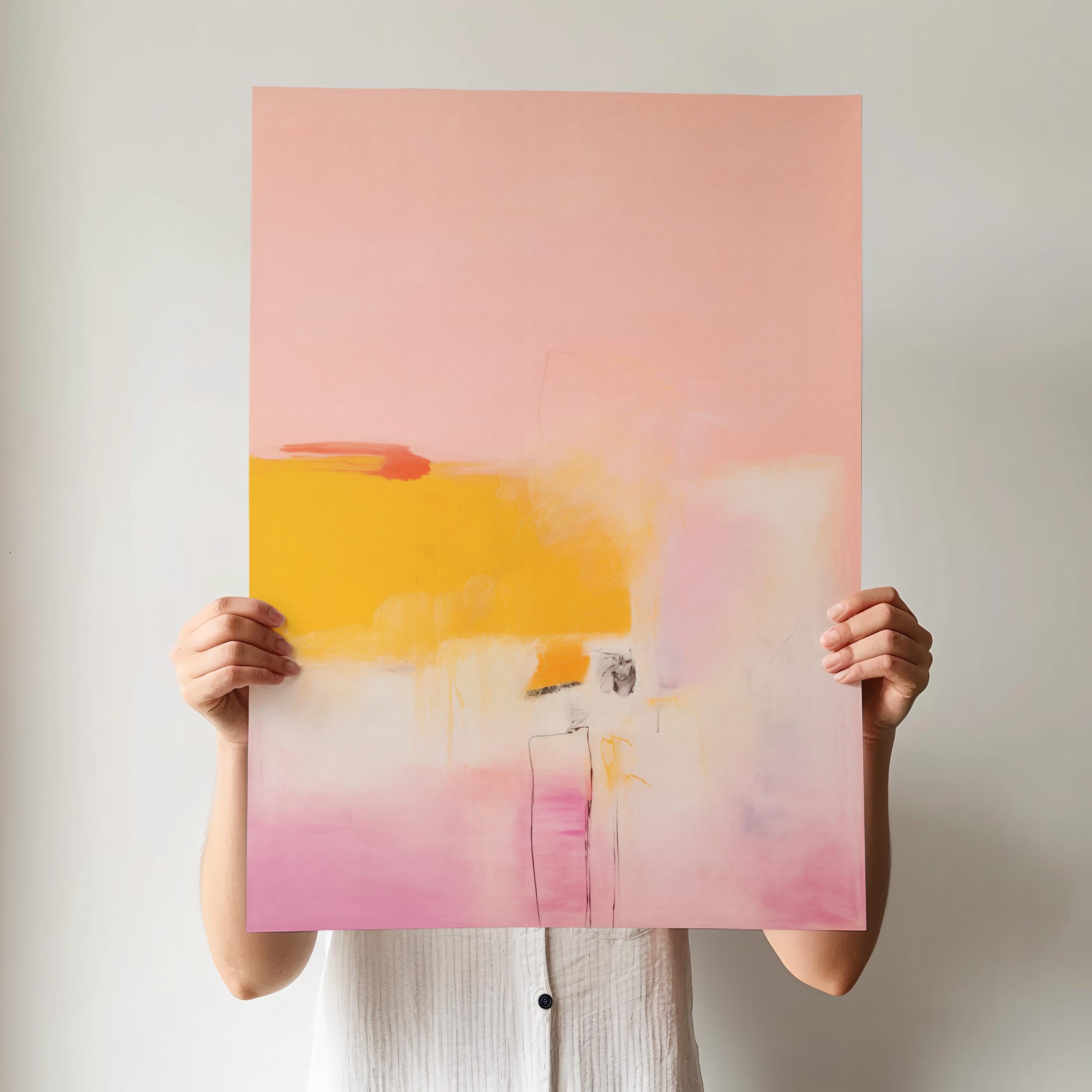 Large giclée art print featuring a bold abstract composition in warm pink, yellow, and soft ivory tones. Printed on fine cotton rag paper or archival rolled canvas, ideal for custom framing. This modern poster-style artwork brings joyful minimalism and soft contemporary elegance to entryways, offices, or creative interiors. Designed by Muse Studio for designer-focused decor in bright, transitional spaces.