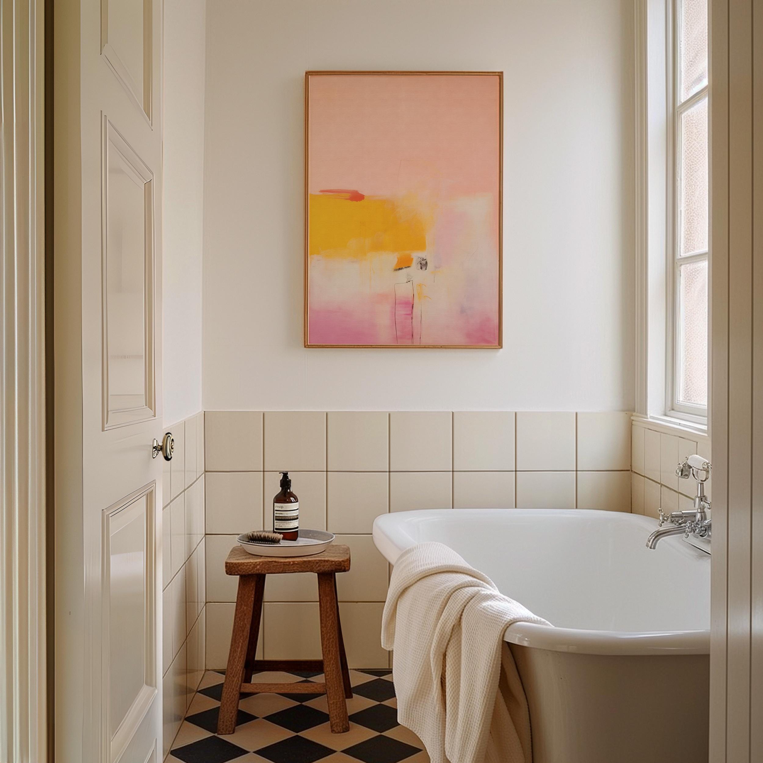 Large giclée art print featuring a bold abstract composition in warm pink, yellow, and soft ivory tones. Printed on fine cotton rag paper or archival rolled canvas, ideal for custom framing. This modern poster-style artwork brings joyful minimalism and soft contemporary elegance to entryways, offices, or creative interiors. Designed by Muse Studio for designer-focused decor in bright, transitional spaces.