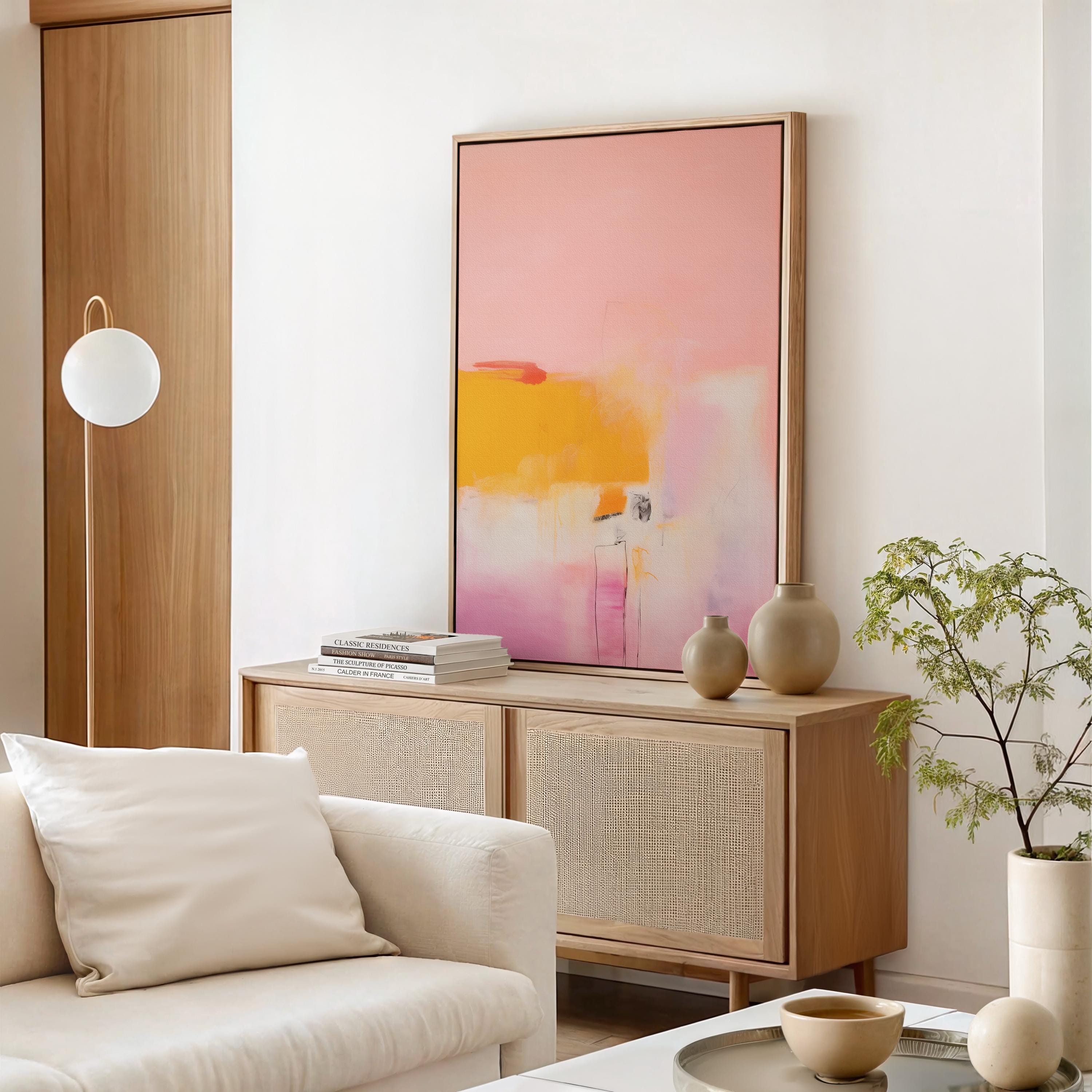 Vertical canvas wall art featuring a bold abstract in soft pink, vibrant yellow, and subtle blush tones. Printed on 400gsm cotton canvas and stretched over a 1.5” wooden frame, this ready-to-hang artwork brings minimalist warmth and soft contemporary elegance to entryways, offices, or clean modern interiors. A large statement piece by Muse Studio, ideal for light-filled spaces and design-forward decor.