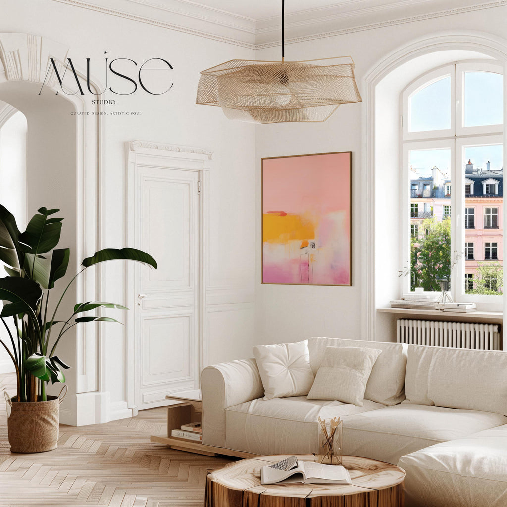 Vertical canvas wall art featuring a bold abstract in soft pink, vibrant yellow, and subtle blush tones. Printed on 400gsm cotton canvas and stretched over a 1.5” wooden frame, this ready-to-hang artwork brings minimalist warmth and soft contemporary elegance to entryways, offices, or clean modern interiors. A large statement piece by Muse Studio, ideal for light-filled spaces and design-forward decor.