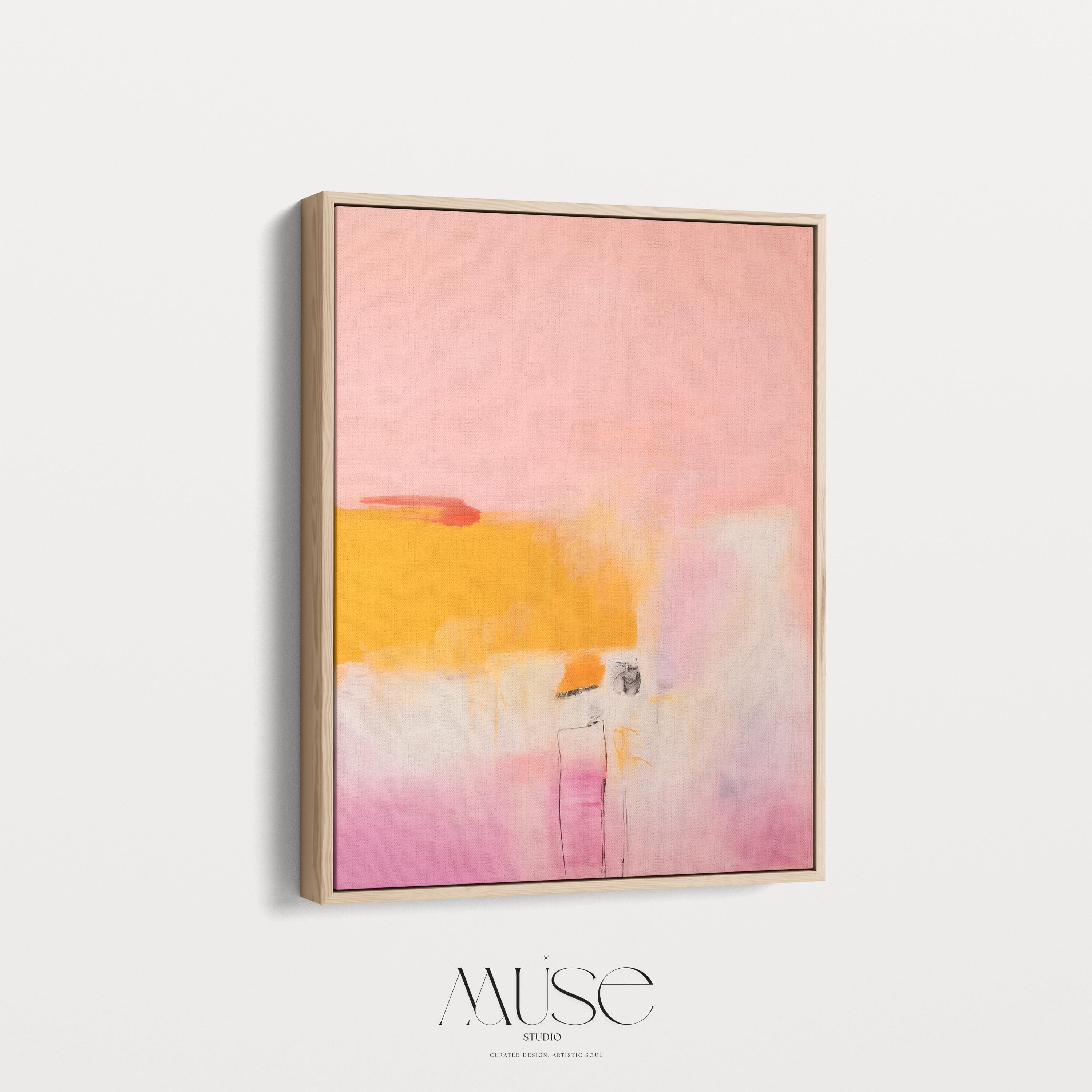Vertical canvas wall art featuring a bold abstract in soft pink, vibrant yellow, and subtle blush tones. Printed on 400gsm cotton canvas and stretched over a 1.5” wooden frame, this ready-to-hang artwork brings minimalist warmth and soft contemporary elegance to entryways, offices, or clean modern interiors. A large statement piece by Muse Studio, ideal for light-filled spaces and design-forward decor.