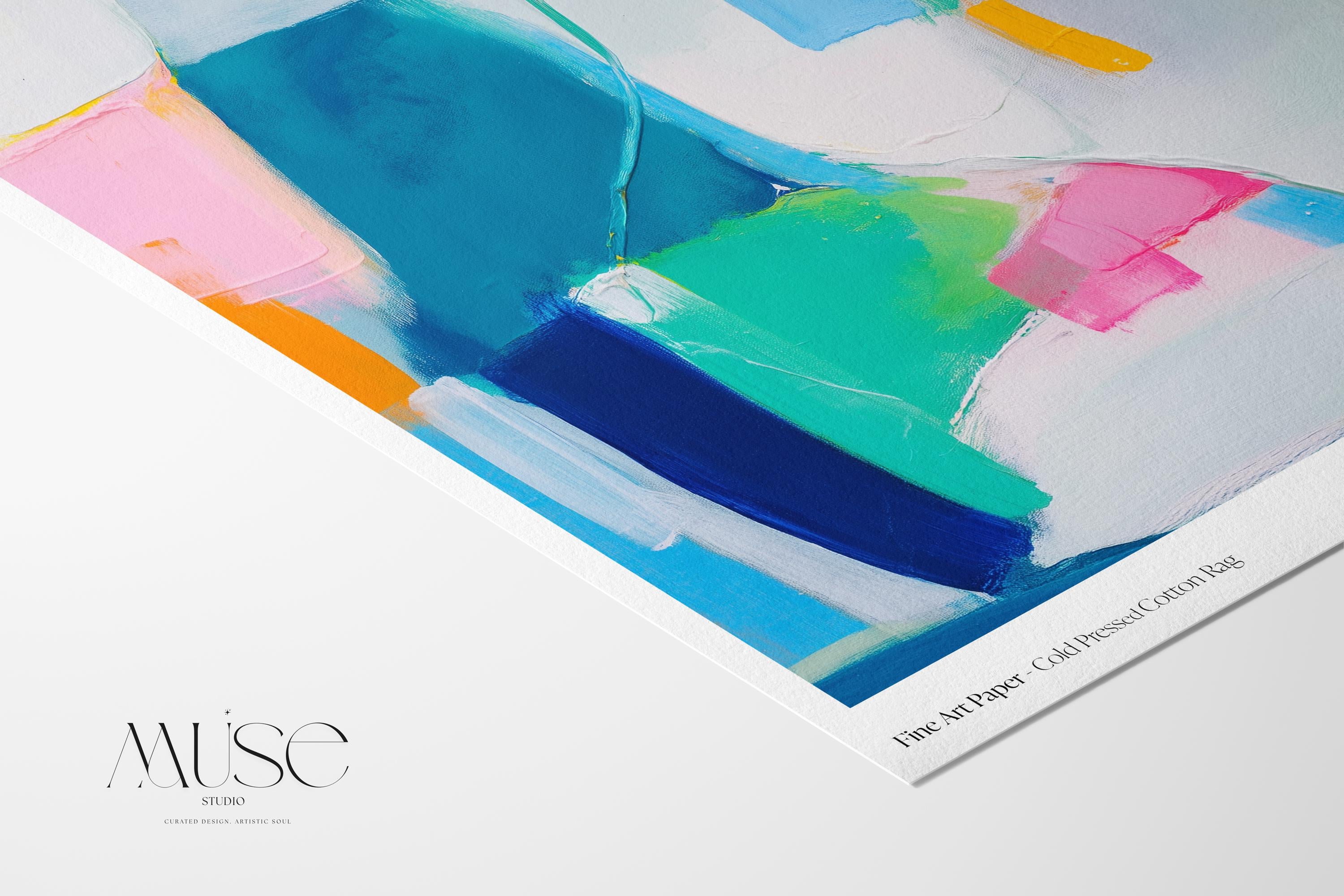 Colorful abstract giclée art print in teal, cobalt blue, blush pink, and citrus yellow. Features bold, painterly shapes in a square format on museum-grade fine art paper. Ideal for eclectic interiors, modern offices, or creative spaces. Printed using archival giclée inks on textured cold-pressed paper or rolled canvas. From the Teal & Aqua Wall Art collection by Muse Studio. Available in large statement sizes for gallery walls and art-forward interiors.