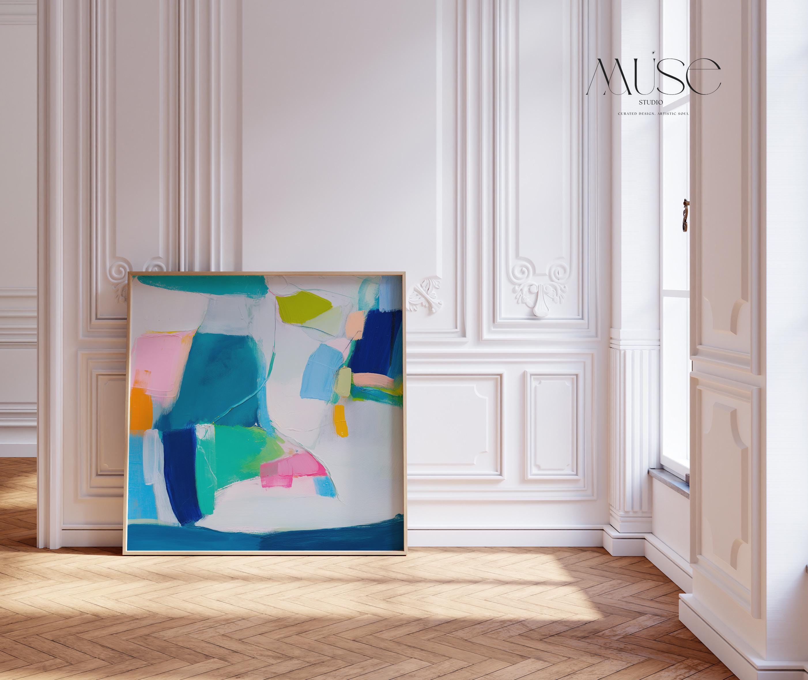 Colorful abstract giclée art print in teal, cobalt blue, blush pink, and citrus yellow. Features bold, painterly shapes in a square format on museum-grade fine art paper. Ideal for eclectic interiors, modern offices, or creative spaces. Printed using archival giclée inks on textured cold-pressed paper or rolled canvas. From the Teal & Aqua Wall Art collection by Muse Studio. Available in large statement sizes for gallery walls and art-forward interiors.