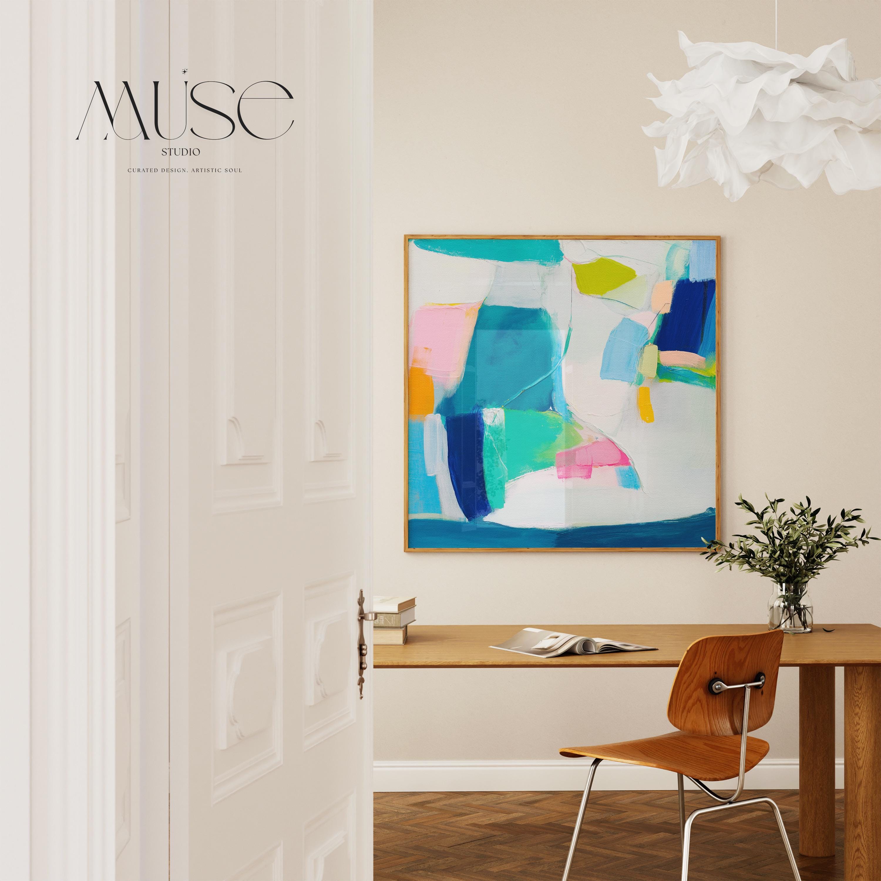 Colorful abstract giclée art print in teal, cobalt blue, blush pink, and citrus yellow. Features bold, painterly shapes in a square format on museum-grade fine art paper. Ideal for eclectic interiors, modern offices, or creative spaces. Printed using archival giclée inks on textured cold-pressed paper or rolled canvas. From the Teal & Aqua Wall Art collection by Muse Studio. Available in large statement sizes for gallery walls and art-forward interiors.
