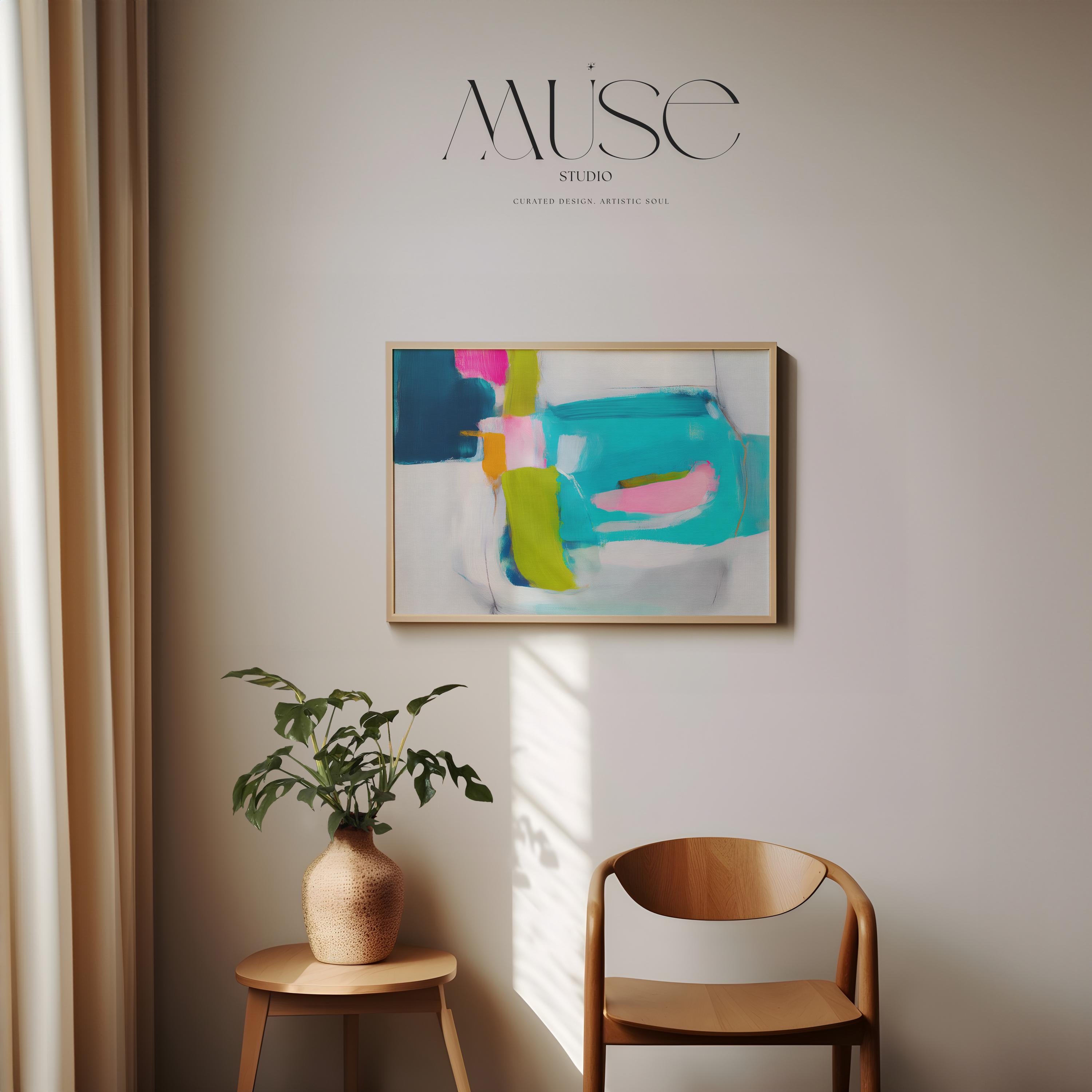 Abstract giclée fine art print in teal, navy blue, lime green, and blush pink. Horizontal composition with expressive painterly blocks and brushwork. Printed on museum-quality cold-pressed watercolor paper or rolled canvas. Ideal for modern offices, gallery walls, or contemporary coastal interiors. From Muse Studio’s Teal & Aqua Wall Art collection. Large format sizes available for bold statement decor. Perfect for designers seeking vibrant, color-forward abstract wall art.