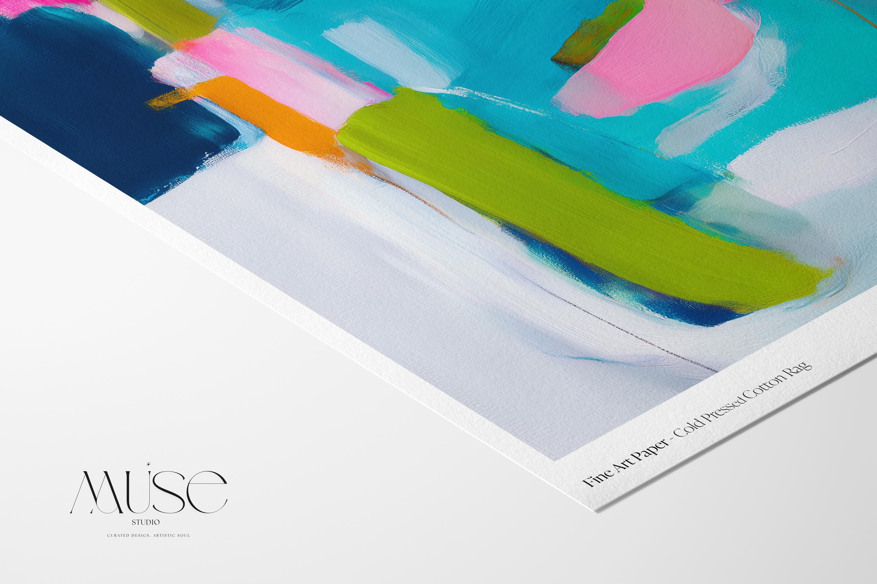 Abstract giclée fine art print in teal, navy blue, lime green, and blush pink. Horizontal composition with expressive painterly blocks and brushwork. Printed on museum-quality cold-pressed watercolor paper or rolled canvas. Ideal for modern offices, gallery walls, or contemporary coastal interiors. From Muse Studio’s Teal & Aqua Wall Art collection. Large format sizes available for bold statement decor. Perfect for designers seeking vibrant, color-forward abstract wall art.