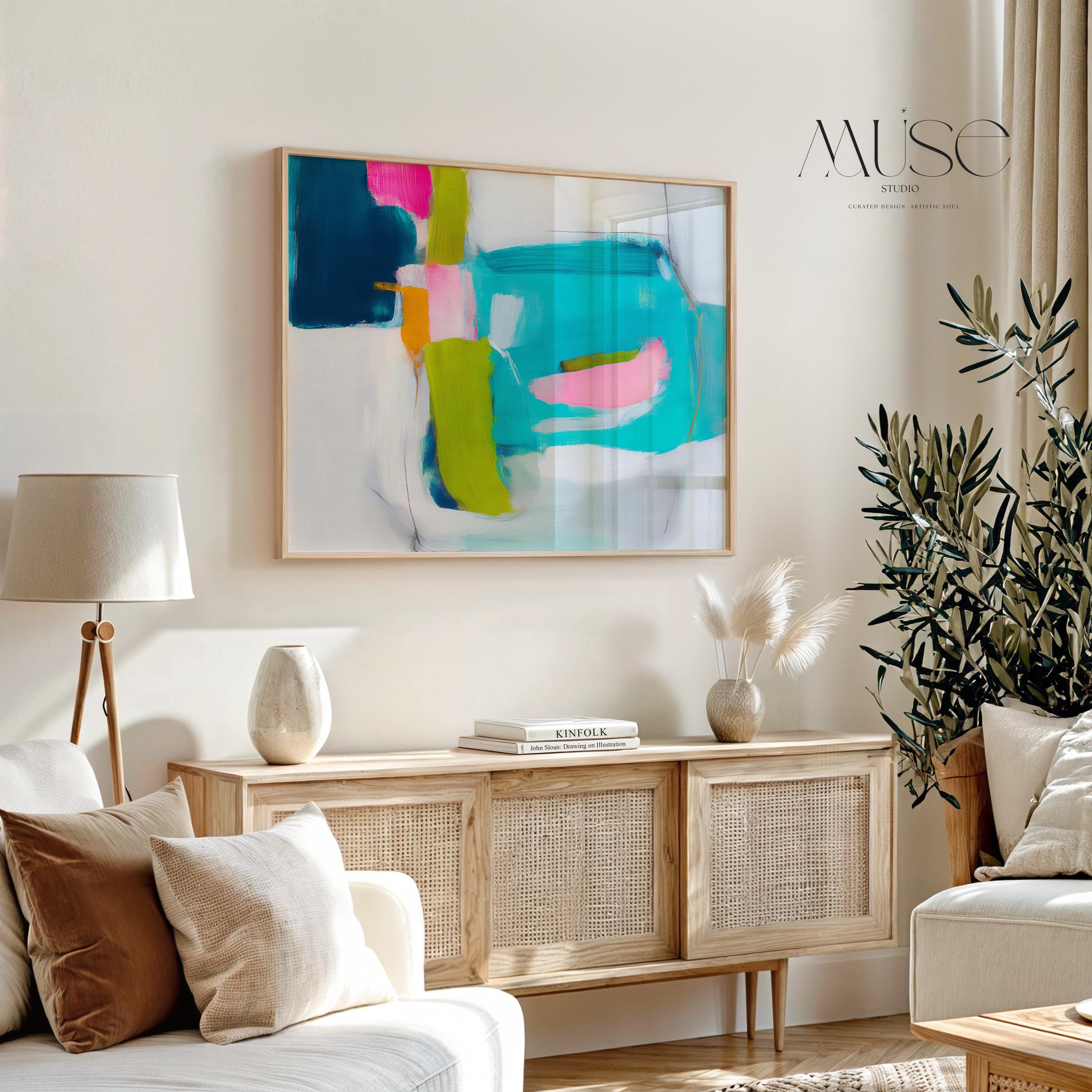 Abstract giclée fine art print in teal, navy blue, lime green, and blush pink. Horizontal composition with expressive painterly blocks and brushwork. Printed on museum-quality cold-pressed watercolor paper or rolled canvas. Ideal for modern offices, gallery walls, or contemporary coastal interiors. From Muse Studio’s Teal & Aqua Wall Art collection. Large format sizes available for bold statement decor. Perfect for designers seeking vibrant, color-forward abstract wall art.