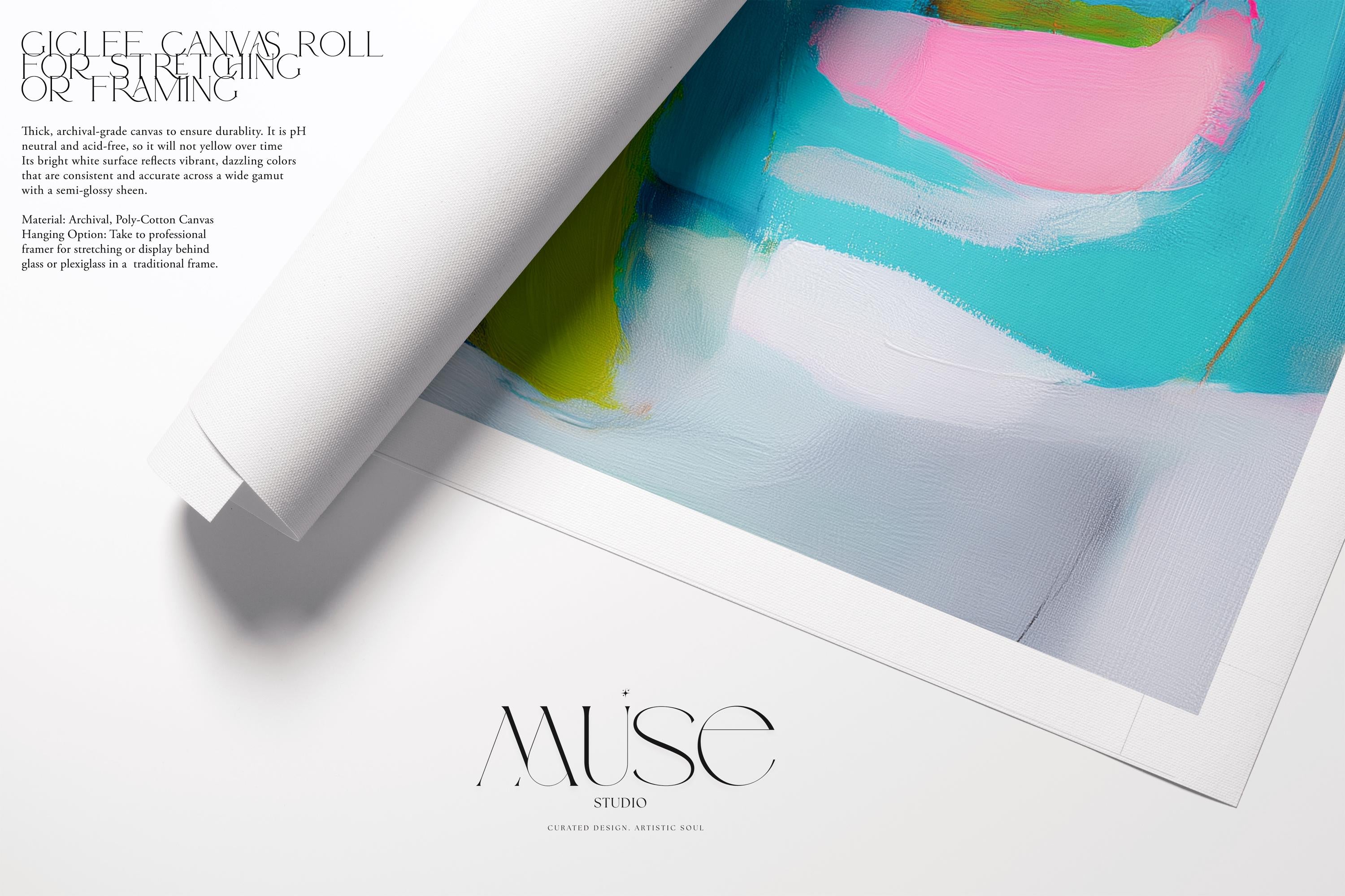 Abstract giclée fine art print in teal, navy blue, lime green, and blush pink. Horizontal composition with expressive painterly blocks and brushwork. Printed on museum-quality cold-pressed watercolor paper or rolled canvas. Ideal for modern offices, gallery walls, or contemporary coastal interiors. From Muse Studio’s Teal & Aqua Wall Art collection. Large format sizes available for bold statement decor. Perfect for designers seeking vibrant, color-forward abstract wall art.