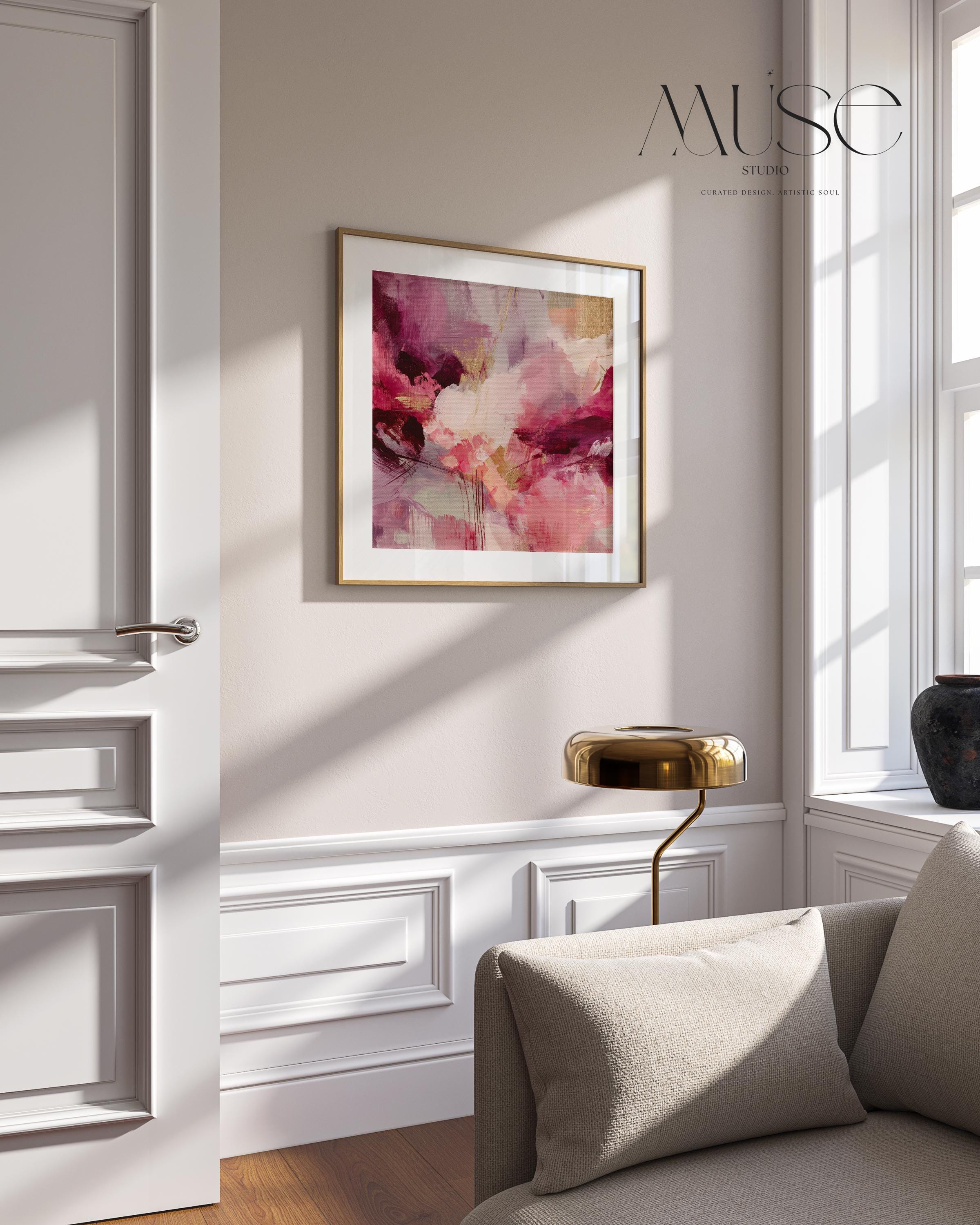 Fine art giclée print in a square layout featuring soft plum, rose, blush, and deep pink abstract tones with expressive texture and painterly movement. A romantic and contemporary wall decor piece for coquette bedrooms, transitional entryways, or soft modern interiors. Printed on cotton rag paper or rolled canvas with archival giclée inks for rich color and gallery-quality detail. Available in multiple sizes. Muse Studio decor art for curated, feminine spaces.