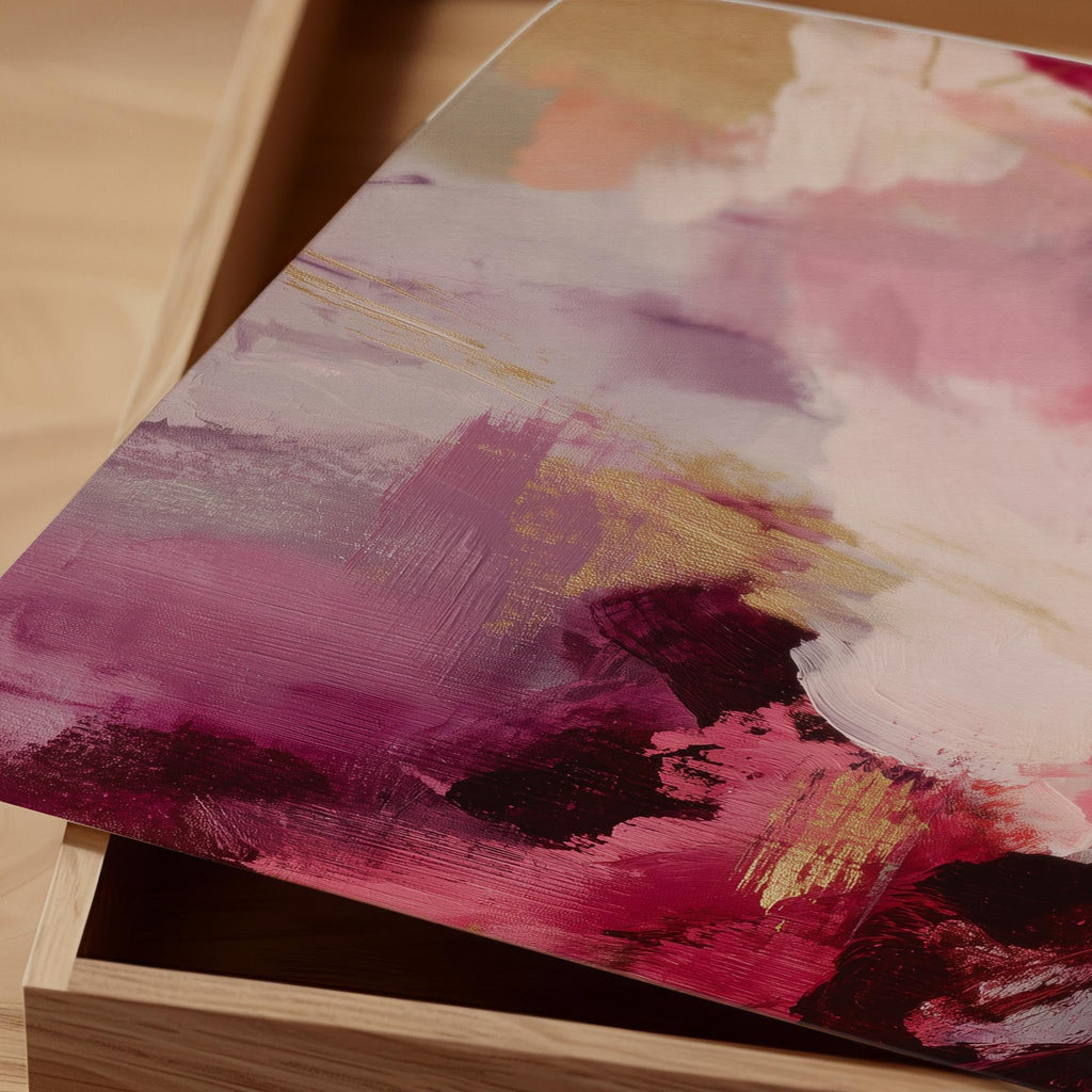 Fine art giclée print in a square layout featuring soft plum, rose, blush, and deep pink abstract tones with expressive texture and painterly movement. A romantic and contemporary wall decor piece for coquette bedrooms, transitional entryways, or soft modern interiors. Printed on cotton rag paper or rolled canvas with archival giclée inks for rich color and gallery-quality detail. Available in multiple sizes. Muse Studio decor art for curated, feminine spaces.