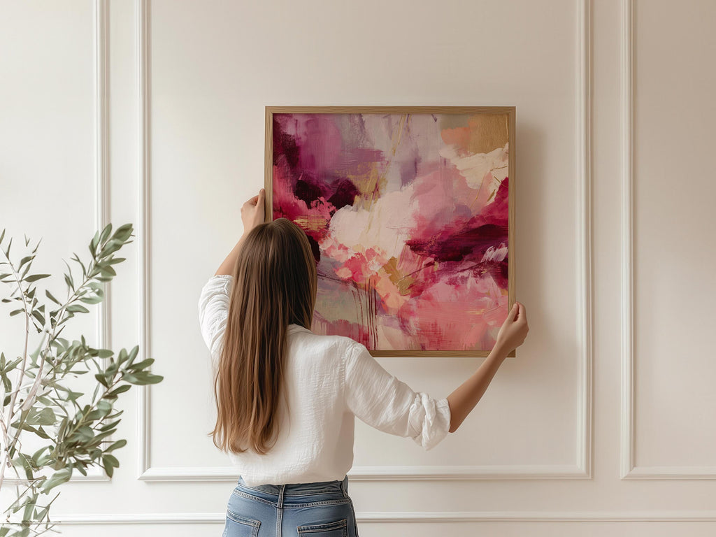 Fine art giclée print in a square layout featuring soft plum, rose, blush, and deep pink abstract tones with expressive texture and painterly movement. A romantic and contemporary wall decor piece for coquette bedrooms, transitional entryways, or soft modern interiors. Printed on cotton rag paper or rolled canvas with archival giclée inks for rich color and gallery-quality detail. Available in multiple sizes. Muse Studio decor art for curated, feminine spaces.