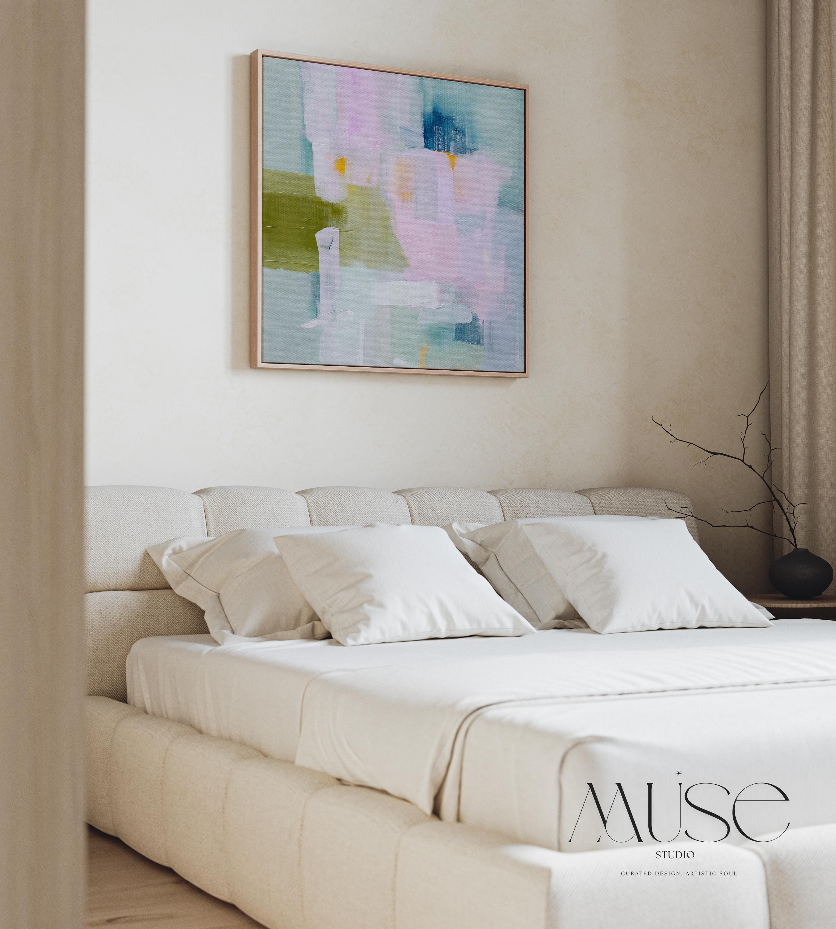 Framed abstract wall art in blush pink, sage green, and soft blue, painted with layered brushstrokes in a muted modern style. Perfect for soft contemporary interiors, dreamy bedrooms, or large living room walls. Displayed in a premium floating wood frame. Available as a framed canvas wall art piece for designer-inspired home decor.