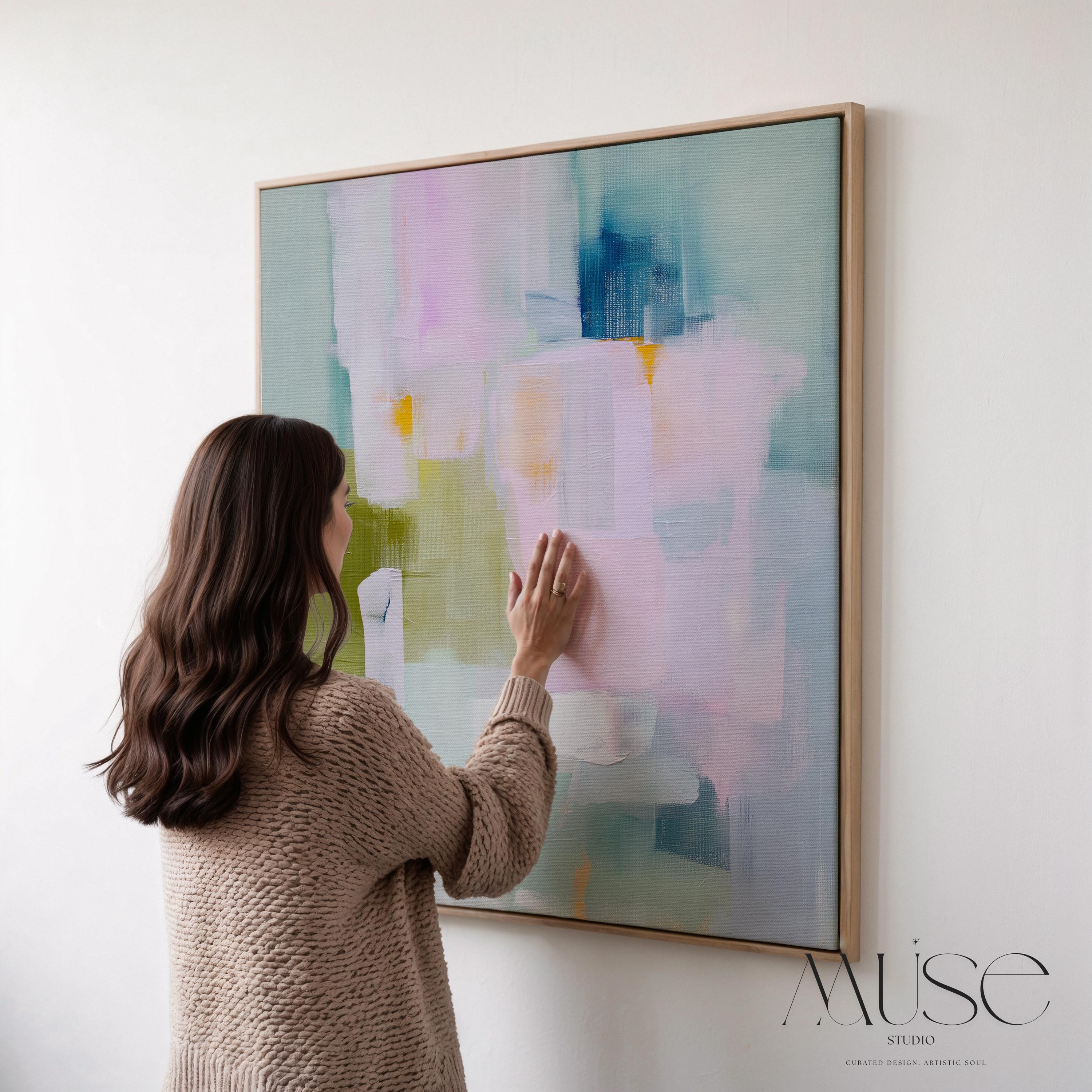 Framed abstract wall art in blush pink, sage green, and soft blue, painted with layered brushstrokes in a muted modern style. Perfect for soft contemporary interiors, dreamy bedrooms, or large living room walls. Displayed in a premium floating wood frame. Available as a framed canvas wall art piece for designer-inspired home decor.