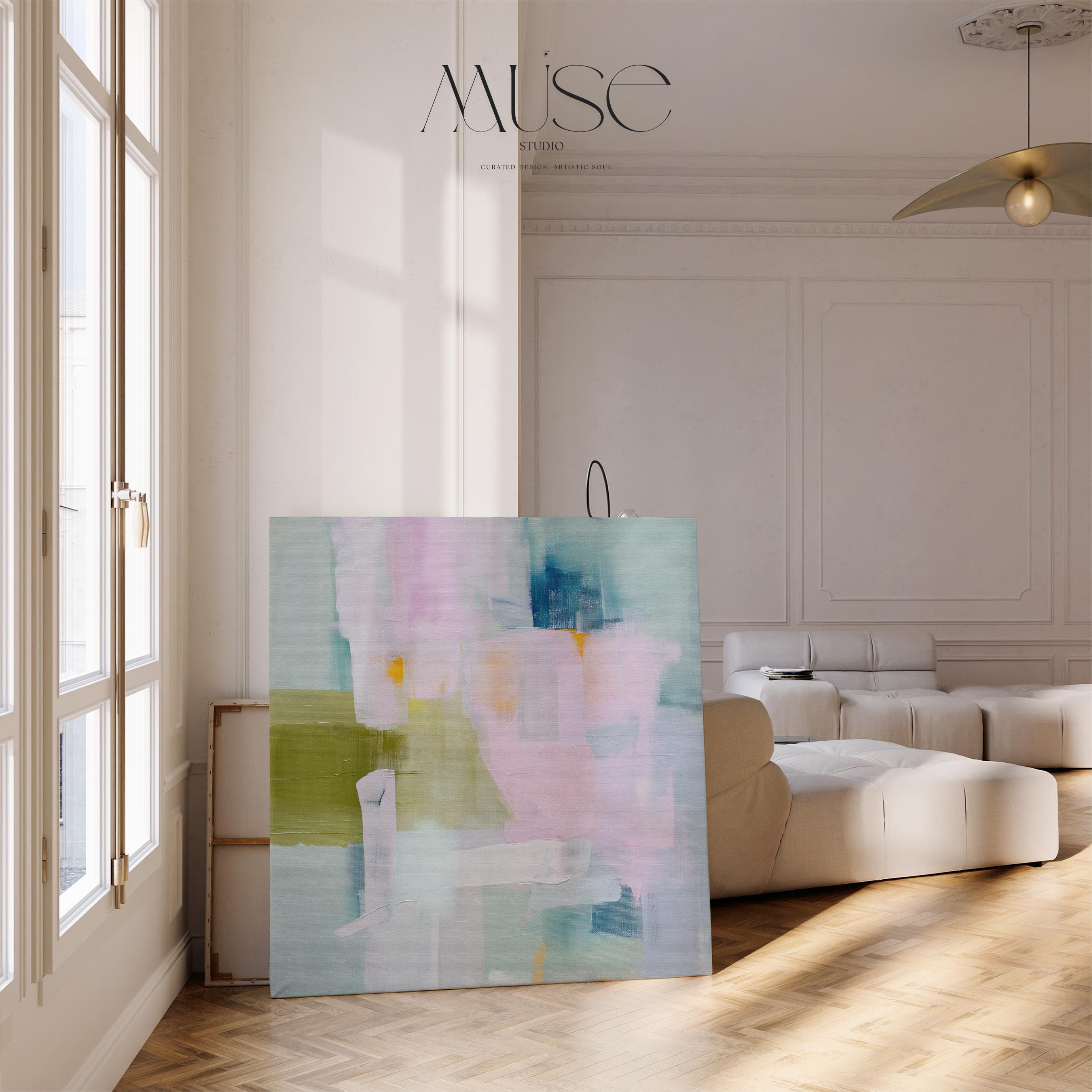 Soft pastel abstract canvas wall art in blush pink, sage green, and sky blue, painted with layered brushstrokes for a muted modern aesthetic. Perfect for soft contemporary interiors, dreamy bedrooms, or large living room walls. Gallery-wrapped on 1.5” wooden frame for a seamless modern finish. Available as extra large canvas wall art by Muse Studio.