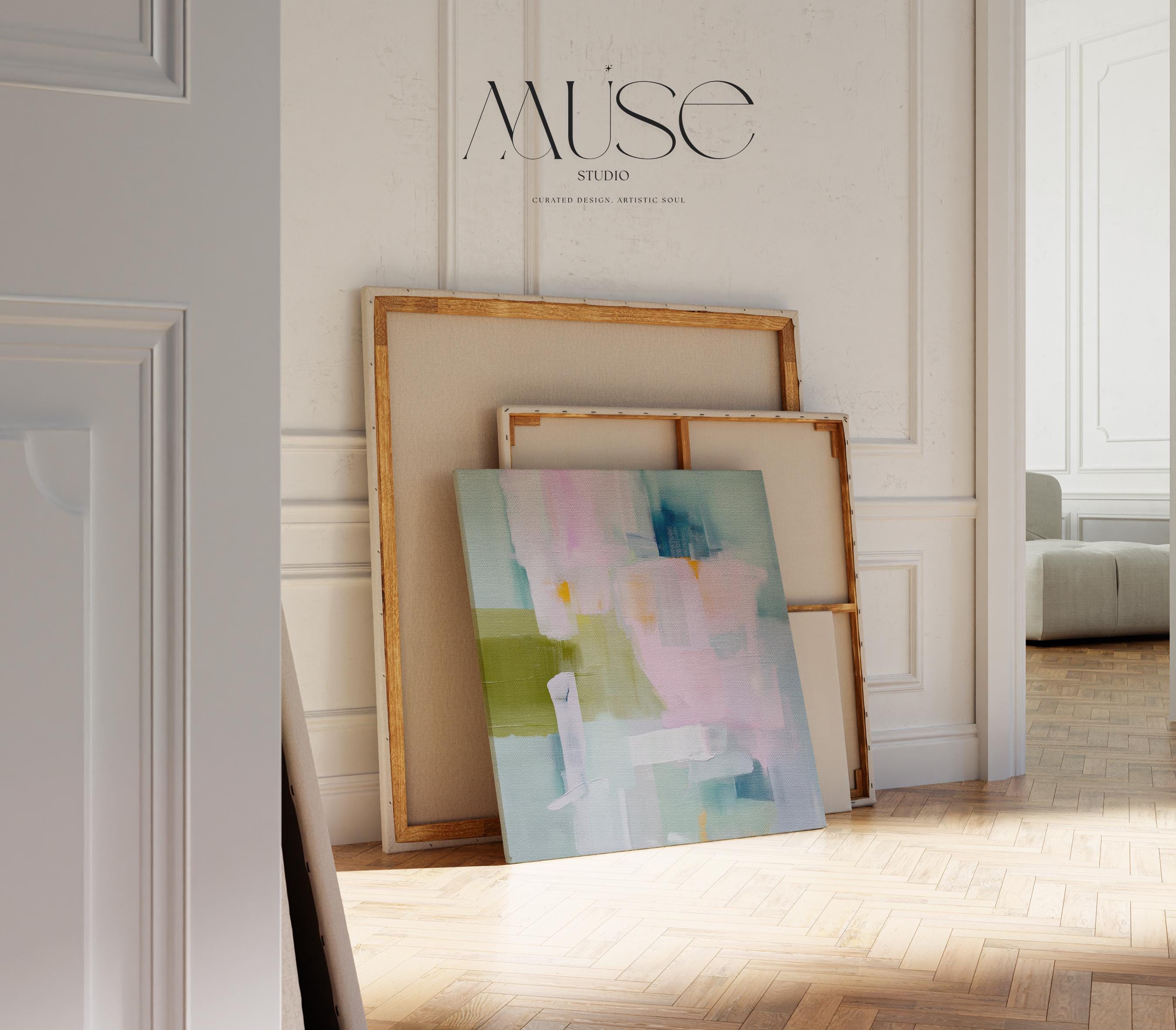 Soft pastel abstract canvas wall art in blush pink, sage green, and sky blue, painted with layered brushstrokes for a muted modern aesthetic. Perfect for soft contemporary interiors, dreamy bedrooms, or large living room walls. Gallery-wrapped on 1.5” wooden frame for a seamless modern finish. Available as extra large canvas wall art by Muse Studio.
