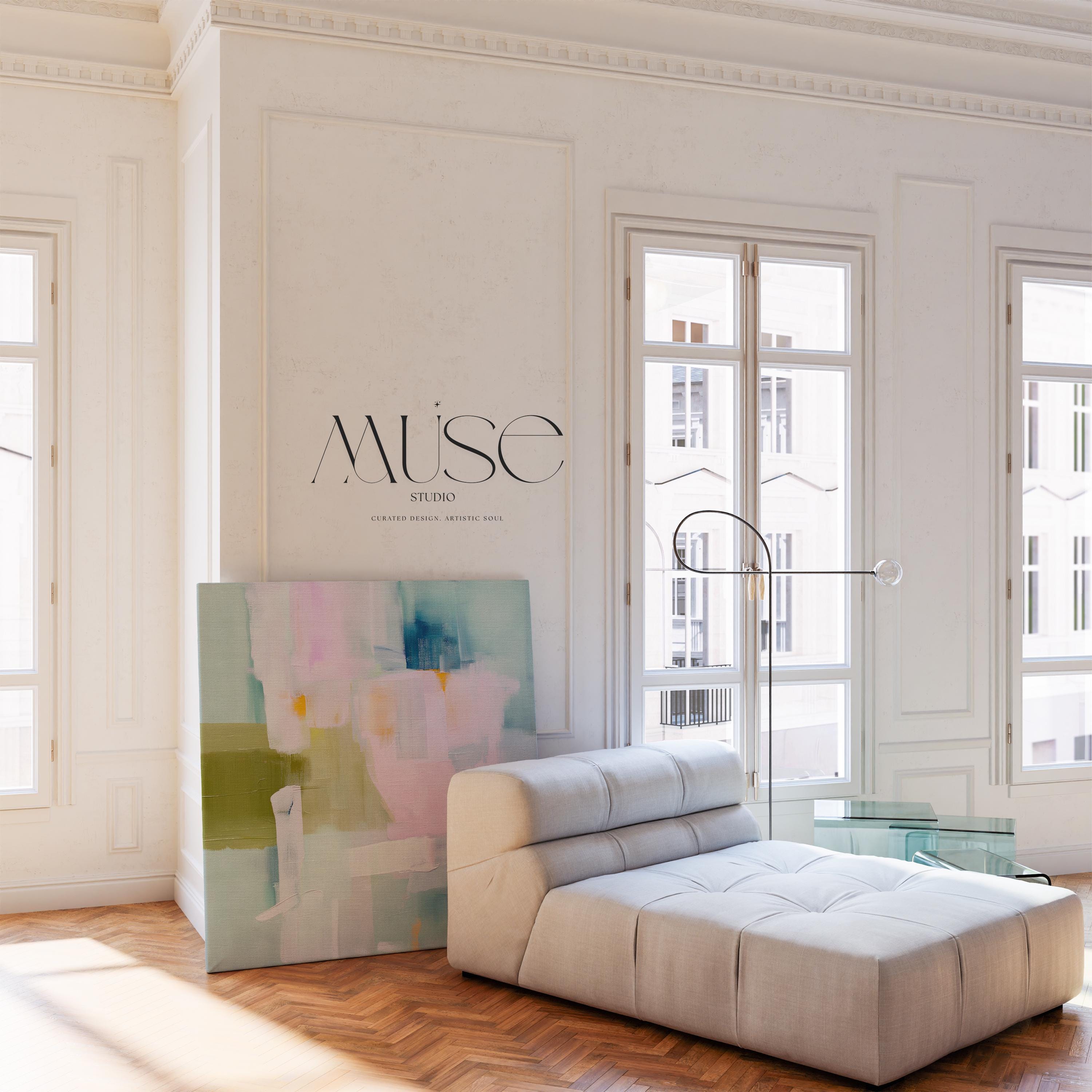 Soft pastel abstract canvas wall art in blush pink, sage green, and sky blue, painted with layered brushstrokes for a muted modern aesthetic. Perfect for soft contemporary interiors, dreamy bedrooms, or large living room walls. Gallery-wrapped on 1.5” wooden frame for a seamless modern finish. Available as extra large canvas wall art by Muse Studio.