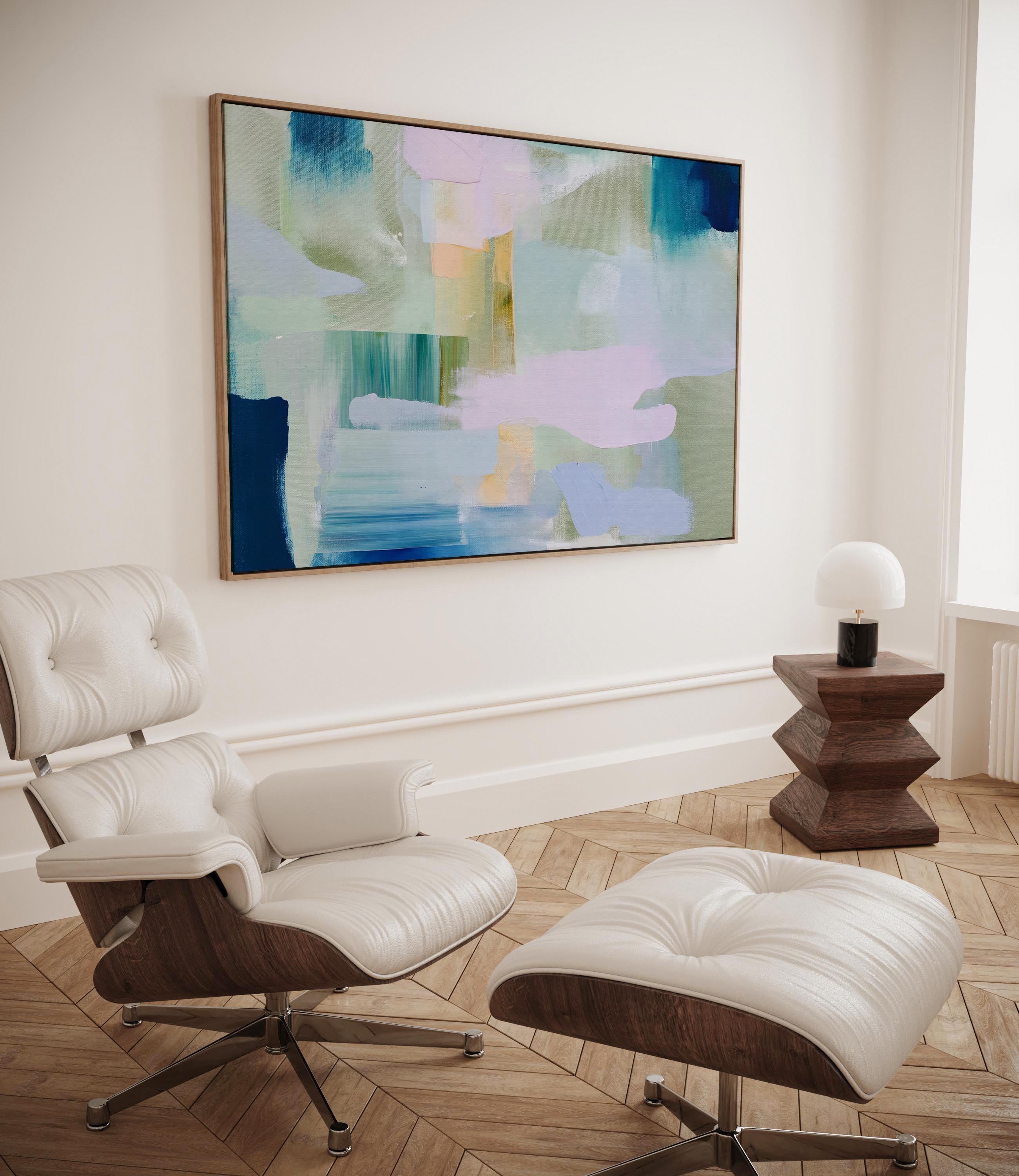 Framed horizontal abstract wall art in coastal blue, sage green, and blush pink, painted with soft layered brushstrokes. A muted modern piece that fits perfectly above sofas, beds, or long entryway walls. Premium floating wood frame for a polished finish. Available as large framed canvas wall art by Muse Studio.