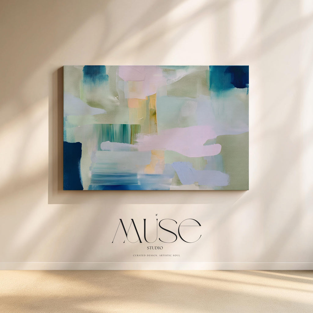 Muse Studio sage green abstract canvas wall art titled Meadow Mist, featuring soft modern pastel blue, lavender, blush, aqua, olive green, and deep teal brushwork. Museum-grade giclée inks on premium gallery-wrapped cotton canvas, styled for living room, office, dining room, bedroom, organic transitional, coastal neutral, and calm contemporary interiors.