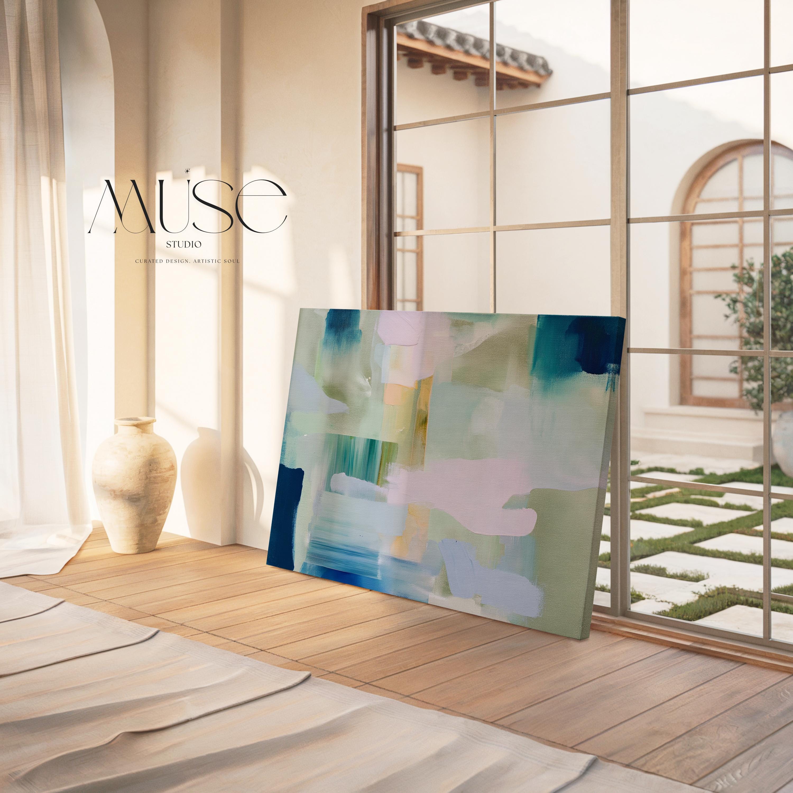 Muse Studio sage green abstract canvas wall art titled Meadow Mist, featuring soft modern pastel blue, lavender, blush, aqua, olive green, and deep teal brushwork. Museum-grade giclée inks on premium gallery-wrapped cotton canvas, styled for living room, office, dining room, bedroom, organic transitional, coastal neutral, and calm contemporary interiors.