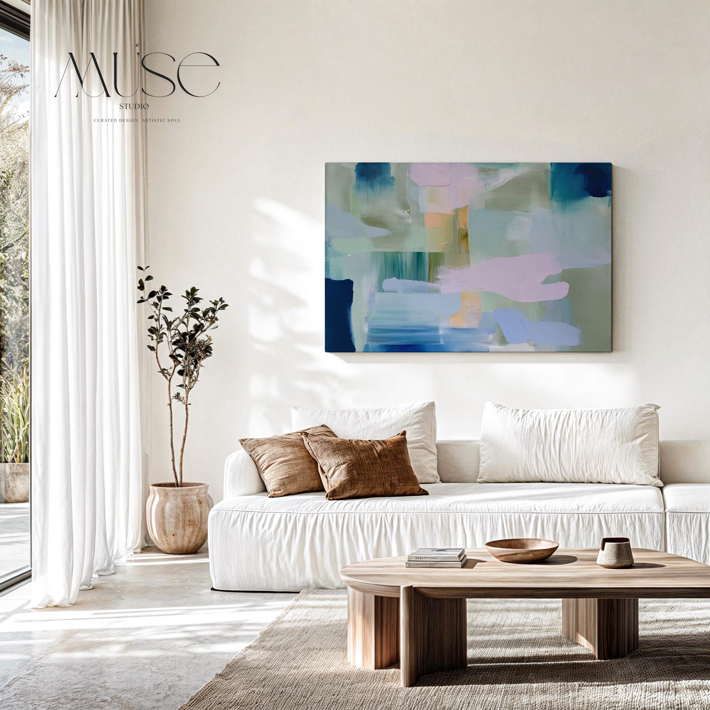Muse Studio sage green abstract canvas wall art titled Meadow Mist, featuring soft modern pastel blue, lavender, blush, aqua, olive green, and deep teal brushwork. Museum-grade giclée inks on premium gallery-wrapped cotton canvas, styled for living room, office, dining room, bedroom, organic transitional, coastal neutral, and calm contemporary interiors.