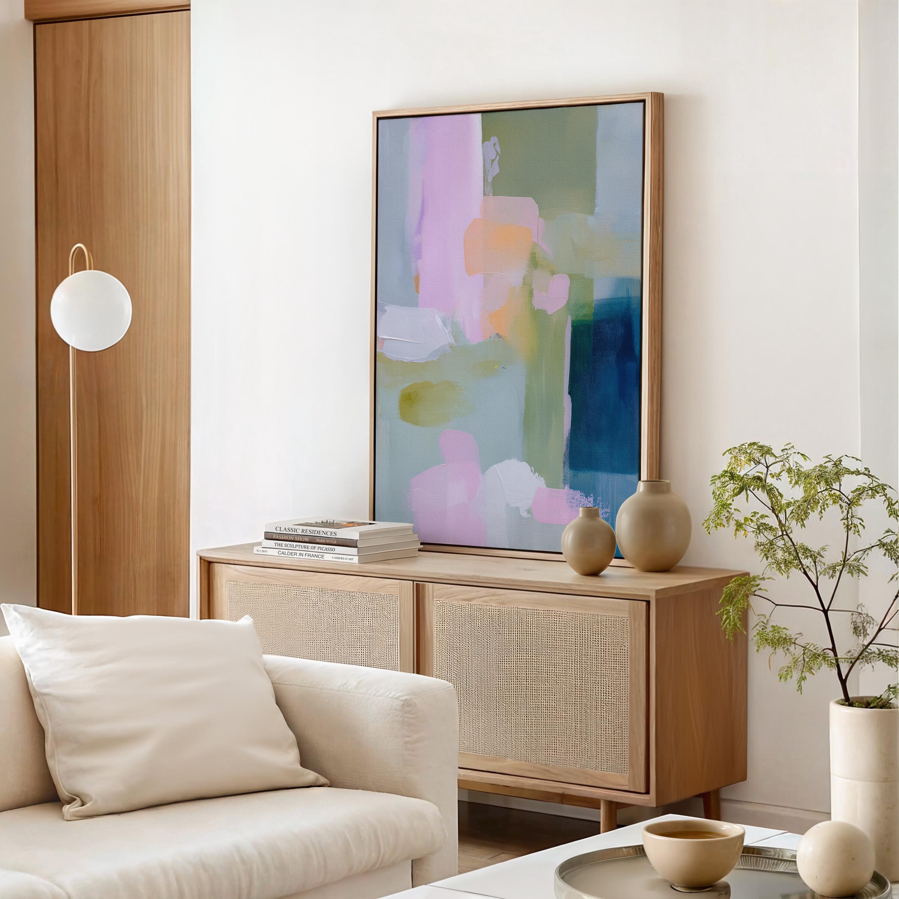 Muse Studio cottage farmhouse framed wall art featuring a pastel pink, blue, sage green, aqua, and peach abstract composition with soft modern cottage styling. Vertical framed canvas artwork with museum-grade giclée inks, premium cotton canvas, and custom wood float frame options, styled for living room, bedroom, office, dining room, or cottage farmhouse interiors.
