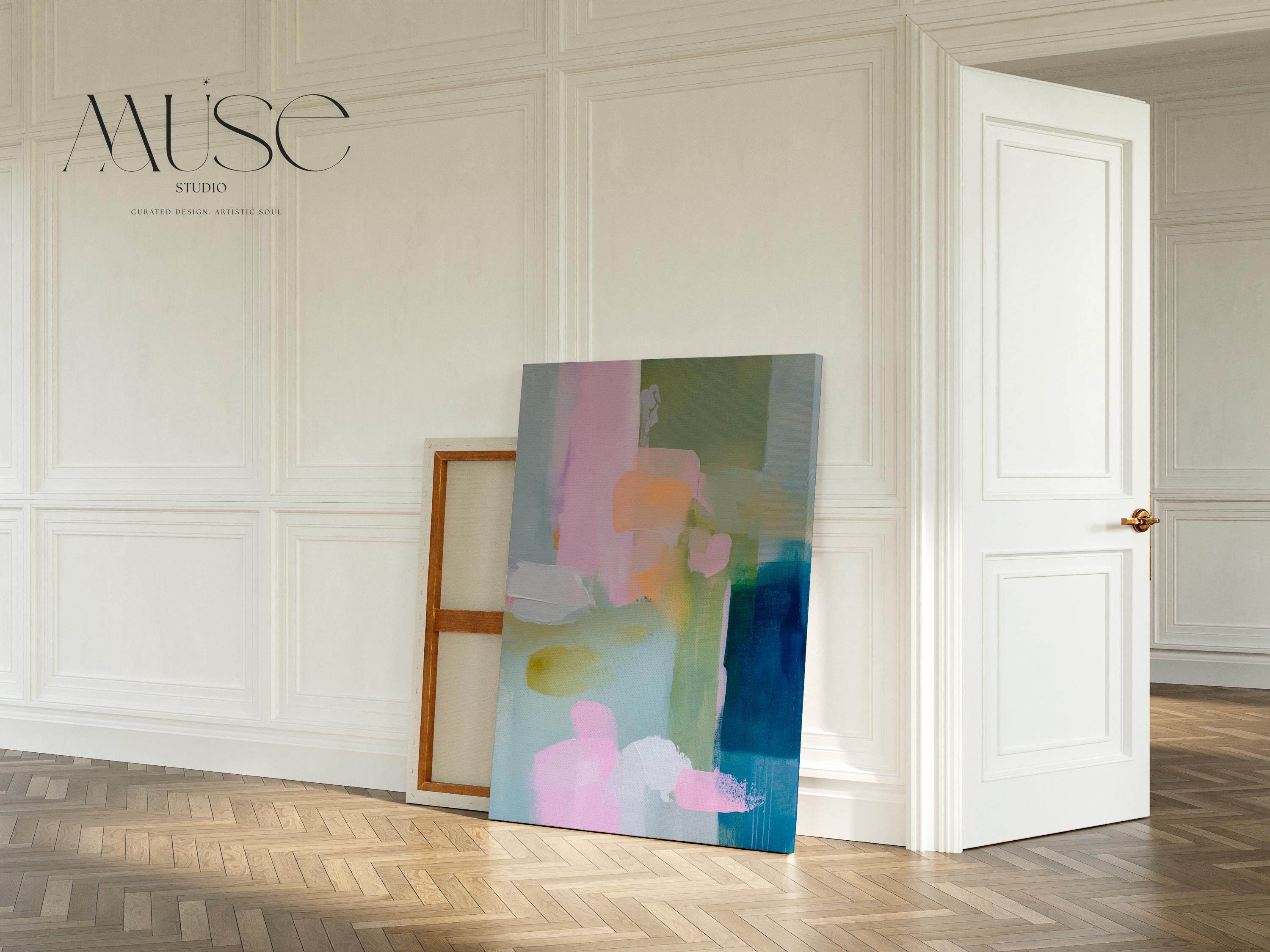 Muse Studio pastel farmhouse canvas wall art with pink, blue, sage green, aqua, peach, white, and deep teal abstract color blocks. Vertical canvas artwork with soft modern cottage style, museum-grade giclée inks, and premium gallery-wrapped cotton canvas, styled for bedroom, living room, office, dining room, or cottage farmhouse decor.