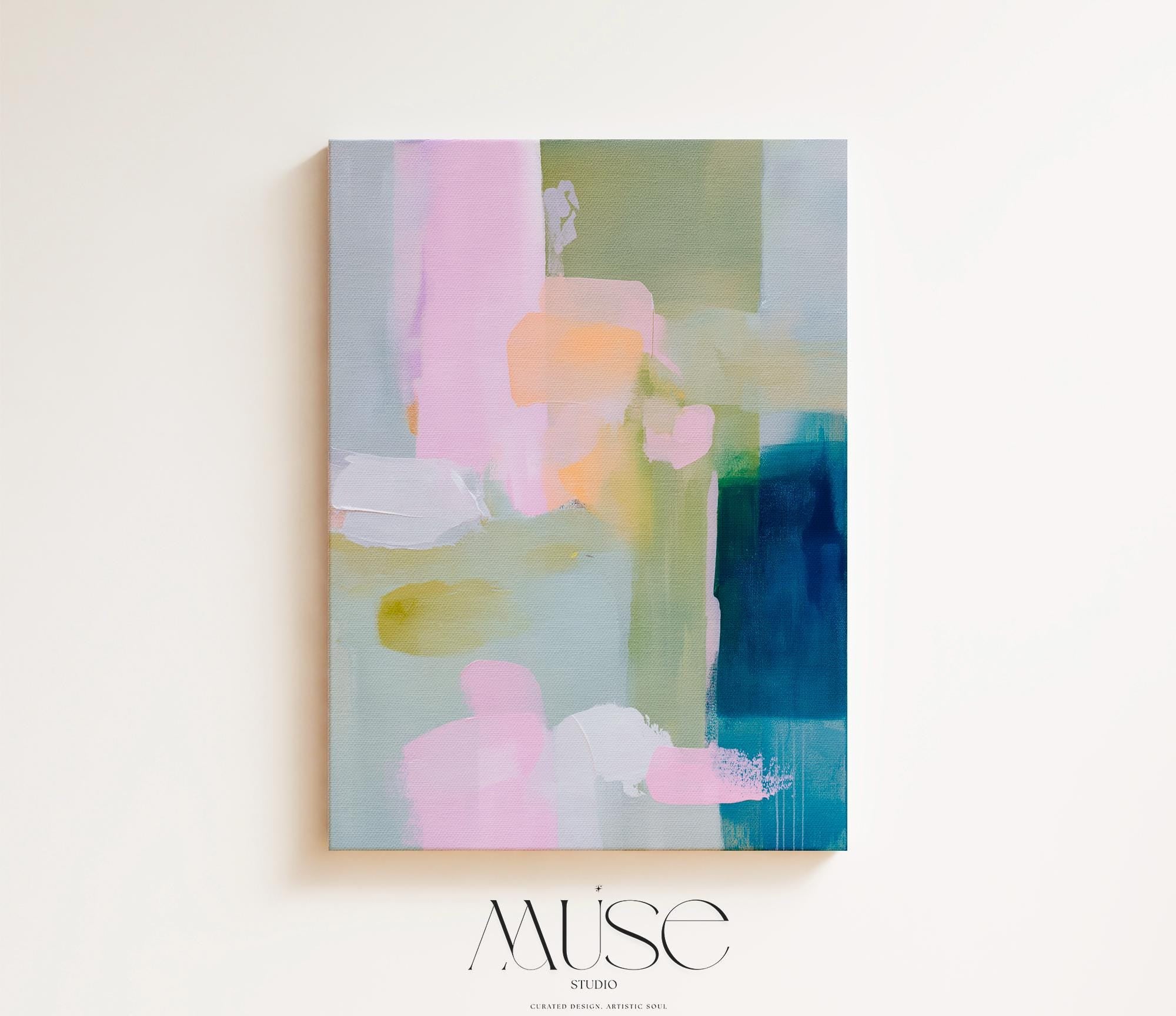 Muse Studio pastel farmhouse canvas wall art with pink, blue, sage green, aqua, peach, white, and deep teal abstract color blocks. Vertical canvas artwork with soft modern cottage style, museum-grade giclée inks, and premium gallery-wrapped cotton canvas, styled for bedroom, living room, office, dining room, or cottage farmhouse decor.