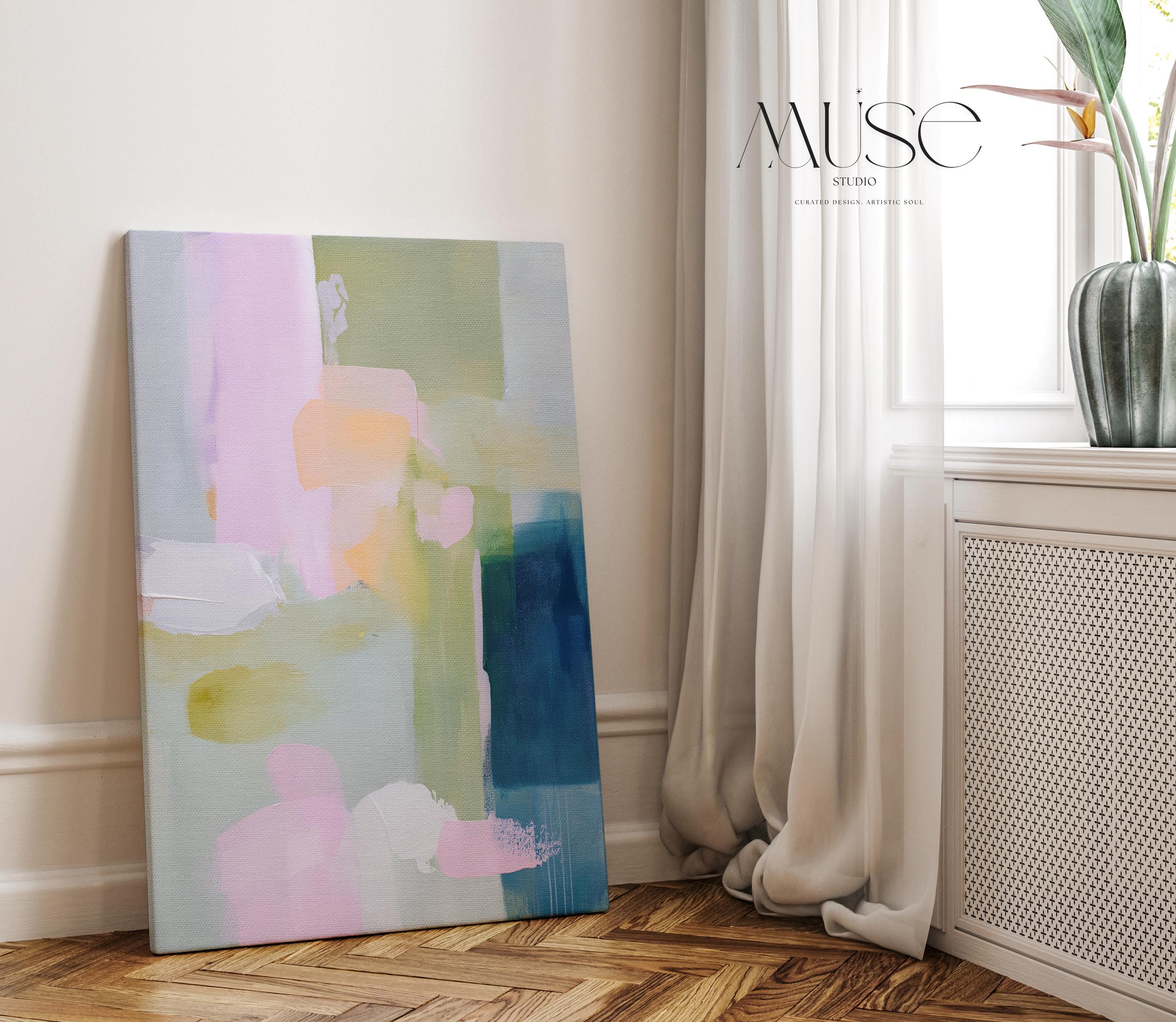 Vertical abstract canvas wall art in blush pink, sage green, and coastal blue with soft pastel brushstrokes. Styled with warm minimalism and nature-inspired design for serene interiors. Perfect for bedrooms, entryways, or living rooms. Gallery-wrapped on 1.5” wood frame for a seamless finish. Extra large canvas wall art by Muse Studio.